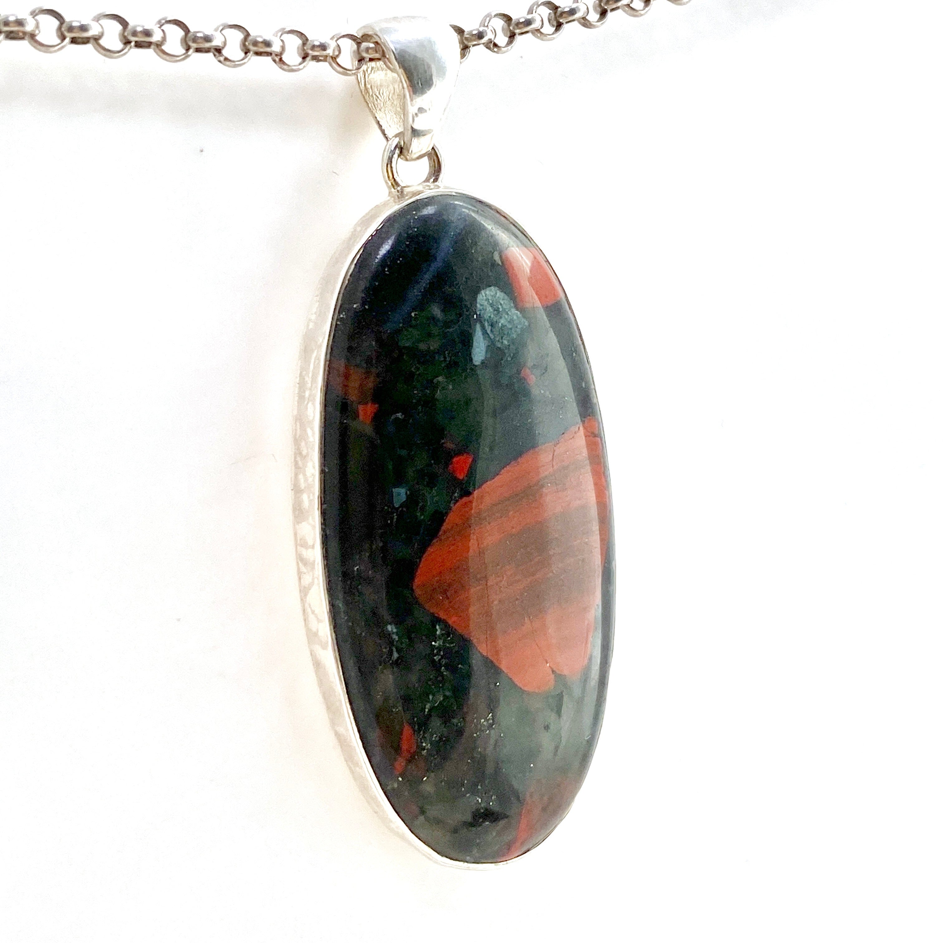 Natural Bloodstone Oval Cabochon Pendant in Handmade Hammered Sterling Silver Setting KPGJ4739 - Perfect for Meditation, Healing Jewelry & Spiritual Gifts