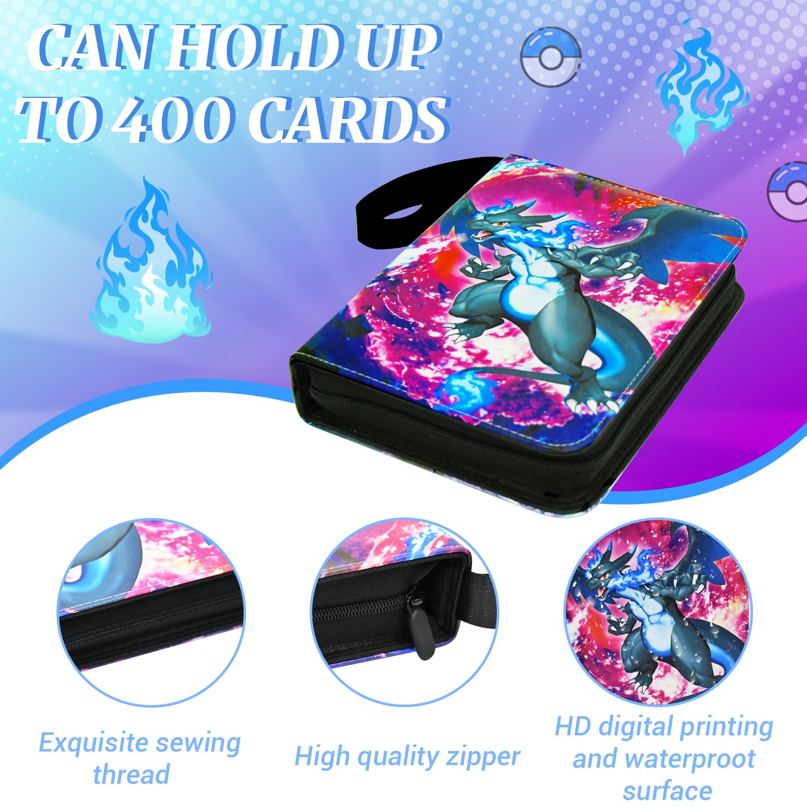 Premium Pokemon Card Binder Holder - 4 Pocket Pages with 50 Removable Sleeves, Fits 400 Trading Cards | TCG MTG Game Card Collector Album & Display Storage Case | Perfect for Card Showcases, Tournaments & Organized Play