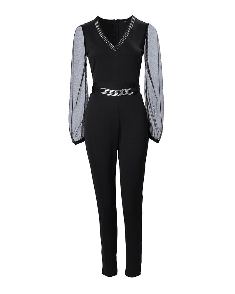 Sexy Deep V Neck Mesh Long Sleeve Jumpsuit for Women - Elegant Rhinestone Chain Glitter Party Bodysuit | Night Out, Clubwear, Evening Events, Halloween Costume, Photoshoot Outfit
