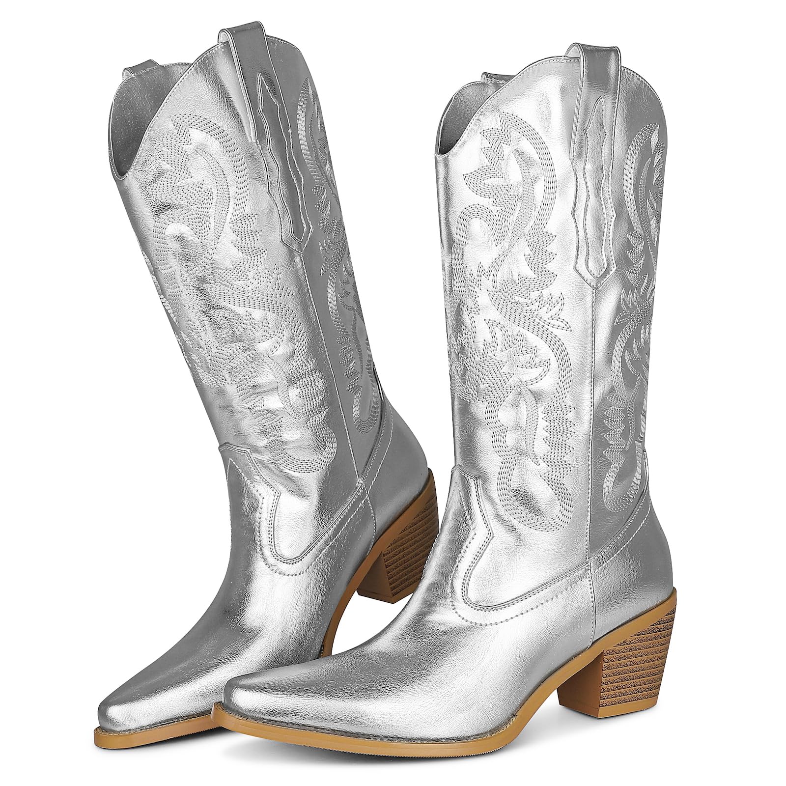 Women's Cowboy Boots - Pointed Toe Embroidered Western Boots with Pull-On Zipper & Chunky Heel | Mid Calf Cowgirl Boots for Country Dancing, Rodeo & Casual Wear