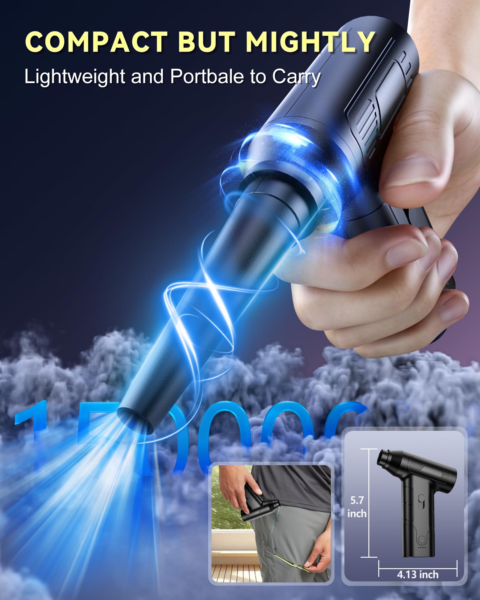 150,000 RPM Electric Air Duster - Powerful 2-in-1 Rechargeable Air Blower for PC Keyboard Cleaning, Car Detailing & Home Dusting | Replaces Canned Air | Perfect for Electronics, Automotive & Household Cleaning