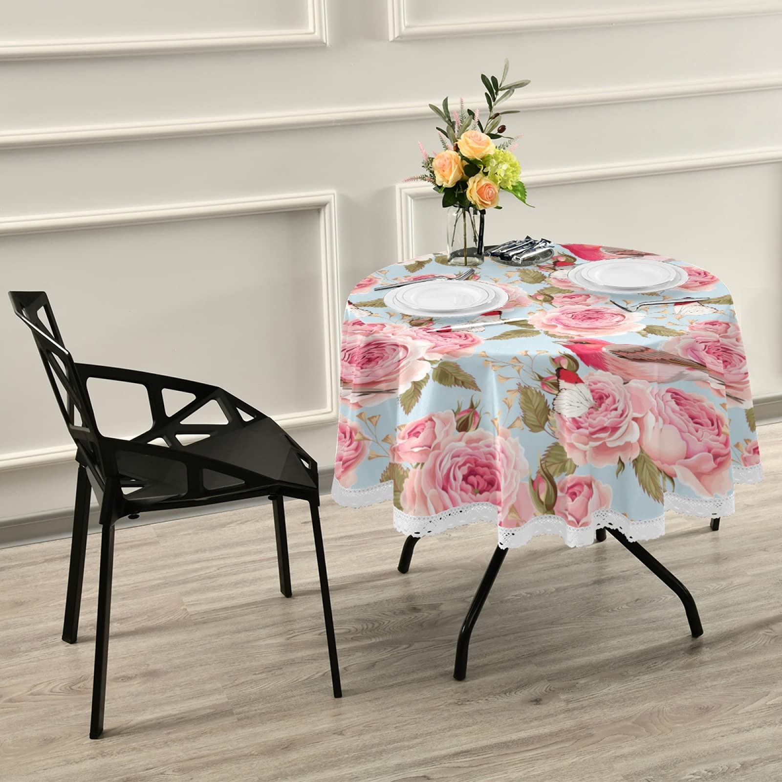 60 Inch Round Floral Tablecloth - Washable Polyester Spring Rose & Bird Design, Teal Circular Table Cover for Kitchen, Dining, Party & Picnic Decor | Perfect for Outdoor Gatherings and Seasonal Home Decoration