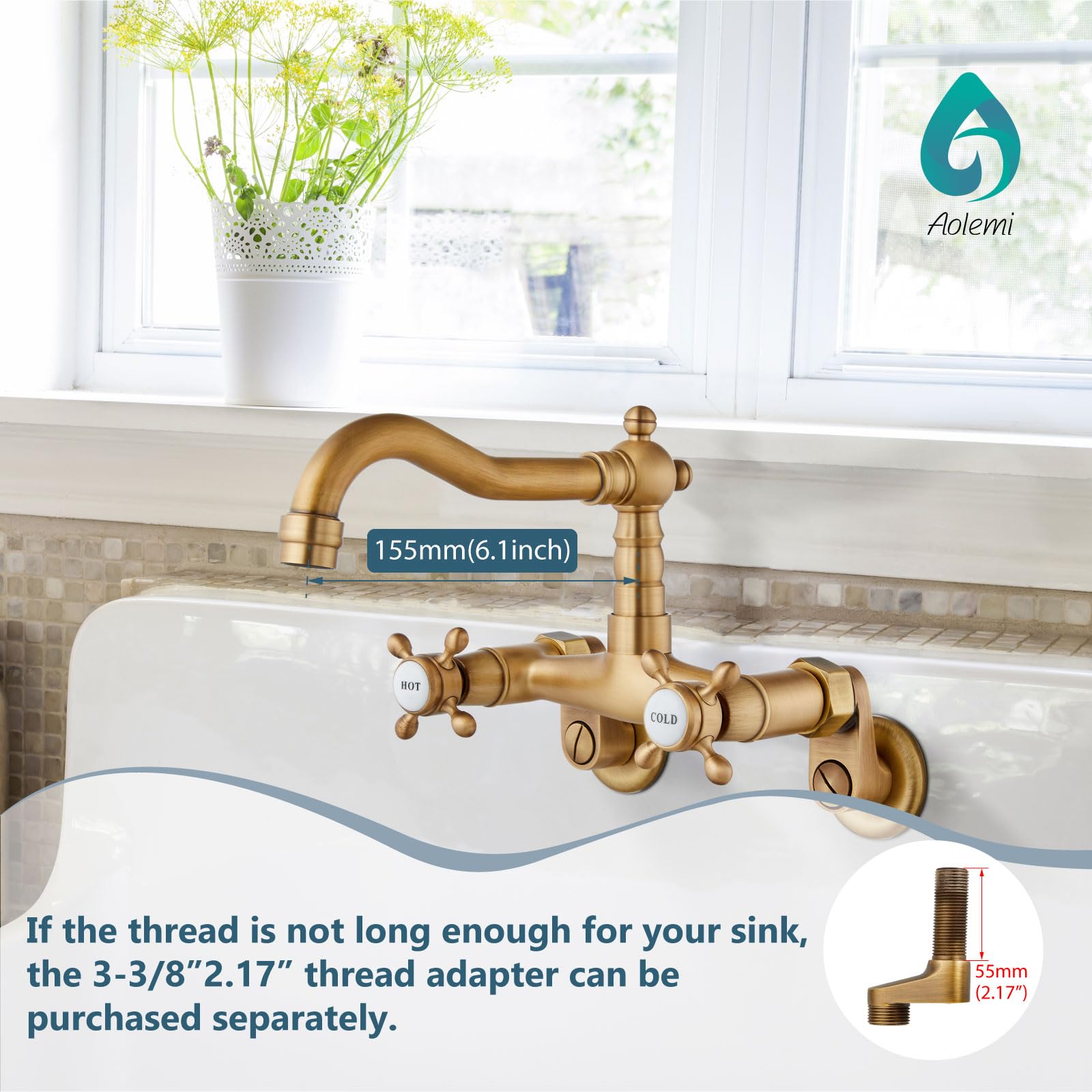 Aolemi Antique Brass Wall Mount Kitchen Faucet with 2 Cross Handles & 6 Inch Spout - Adjustable Center 3-9 Inch for Laundry Sink, Utility Sink, Basement, Garage or Outdoor Use