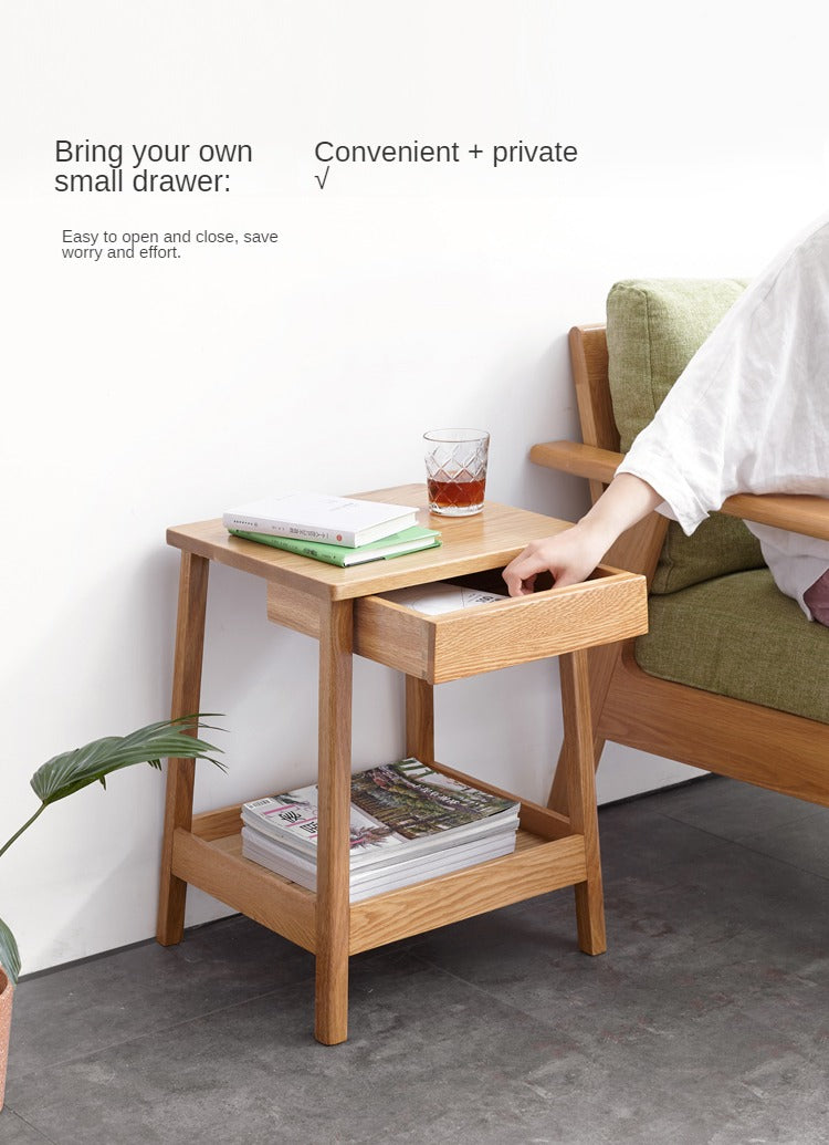 Solid Oak Wood Side Table with Double Layer Shelf - Perfect for Living Room, Bedroom, or Office Decor