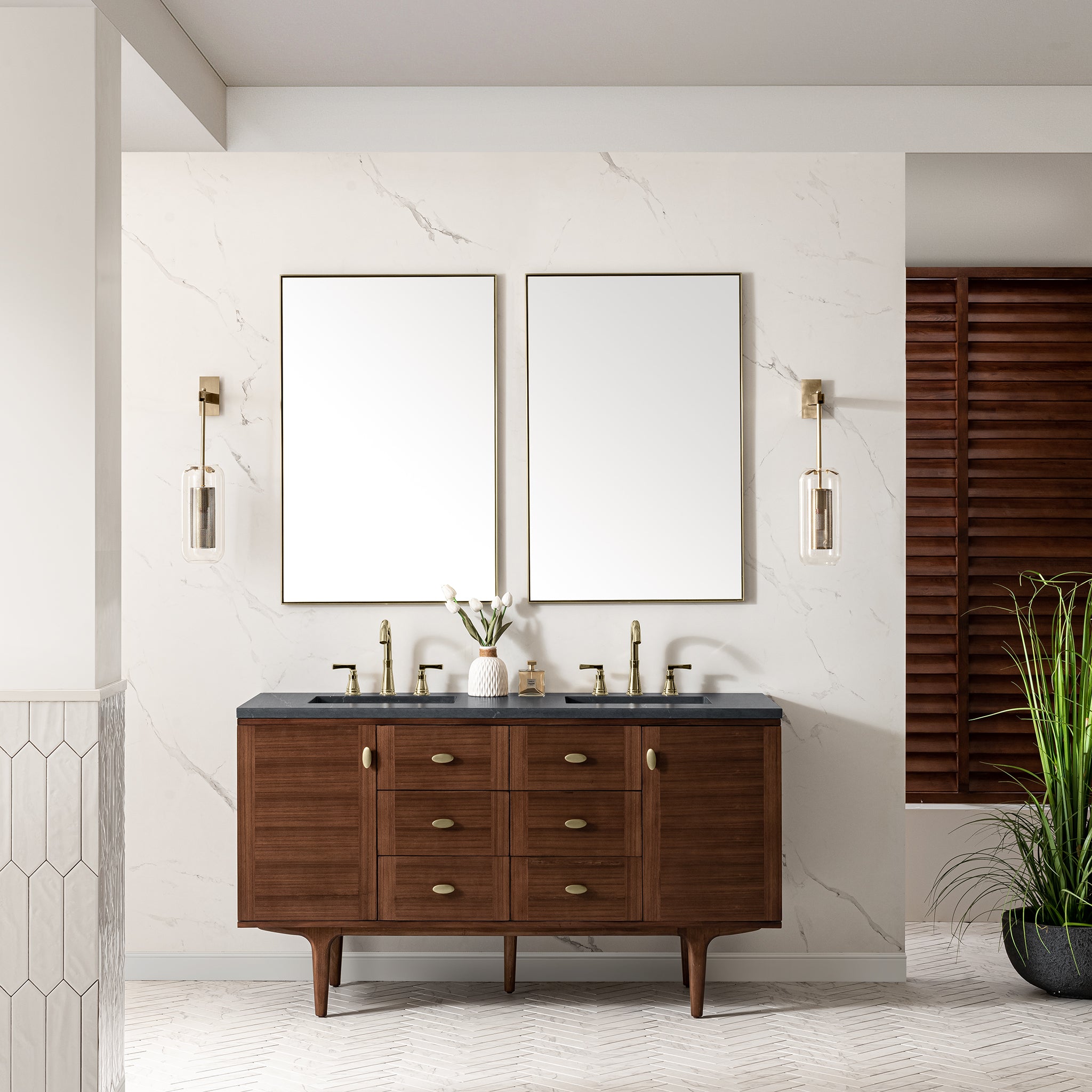 Amberly 60 Inch Double Bathroom Vanity with Mid Century Modern Walnut Base & 3CM Charcoal Soapstone Countertop - Perfect for Master Bathroom Renovation and Luxury Home Upgrade