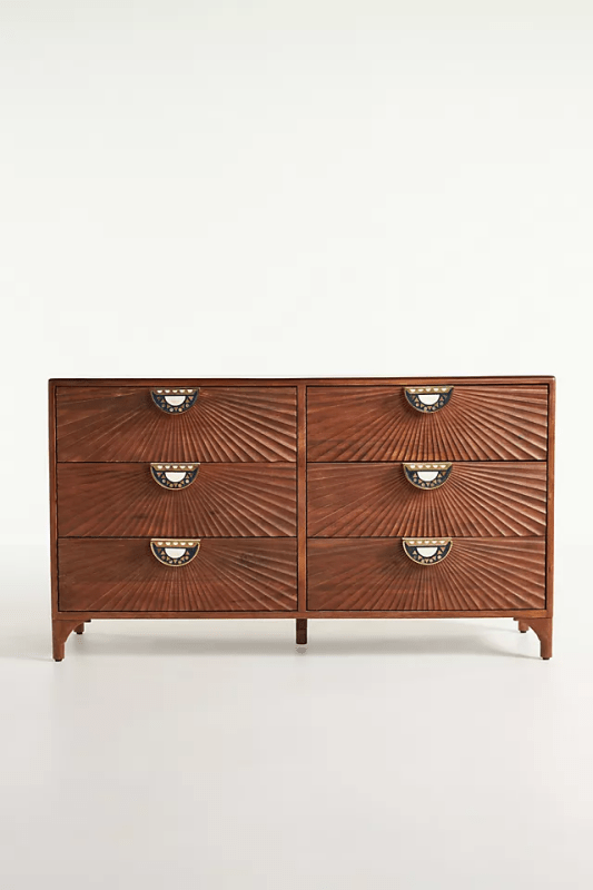 Hand Carved Daybreak Six Drawers Dresser - Antique Brown Wooden Chest of Drawers for Bedroom Storage & Organization | Vintage Style Bedroom Furniture for Home Decor