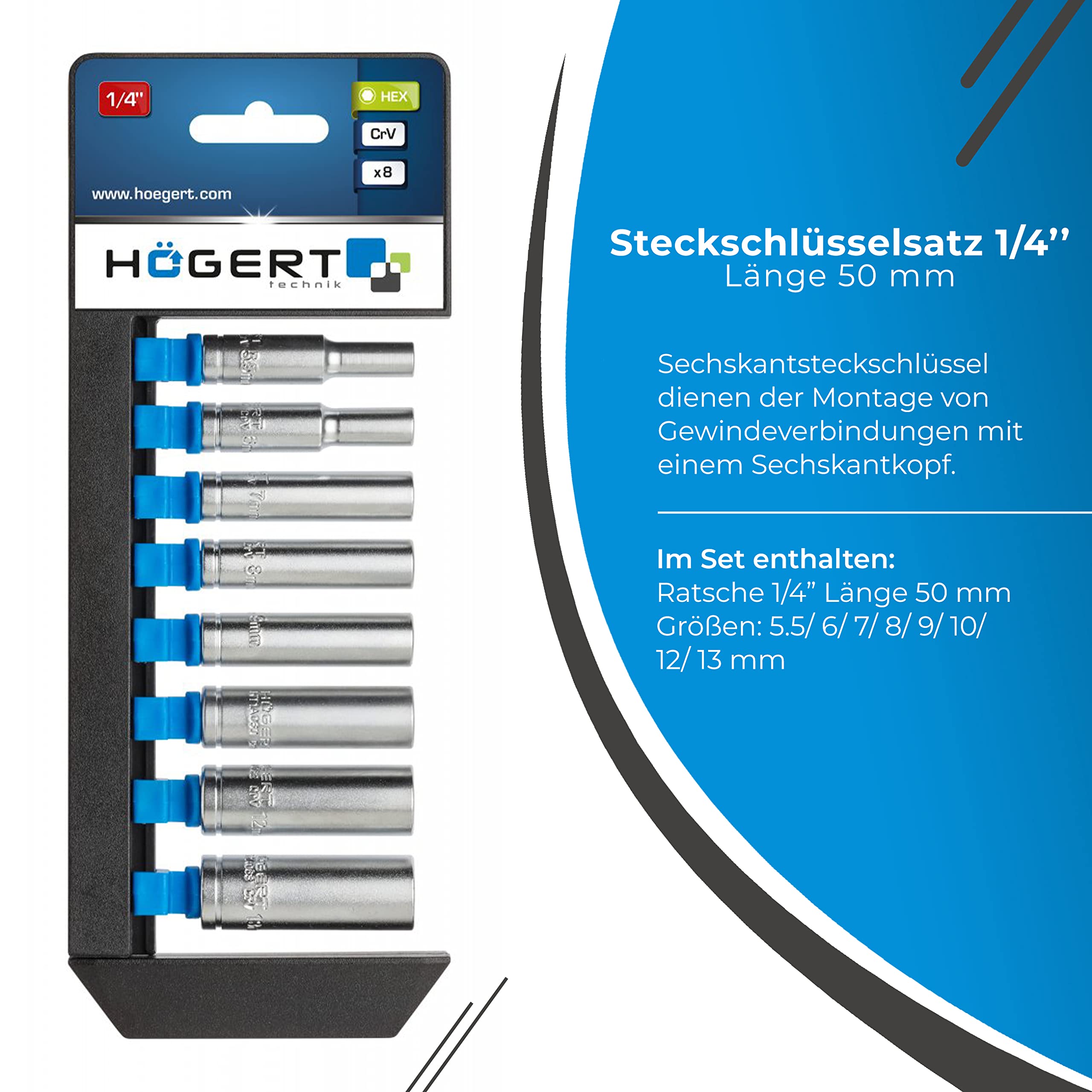 HT1A886 Socket Spanner Set - 50mm Long Handle Tool Box Kit in Black/Blue/Grey - Perfect for Automotive Repairs, DIY Projects & Home Maintenance