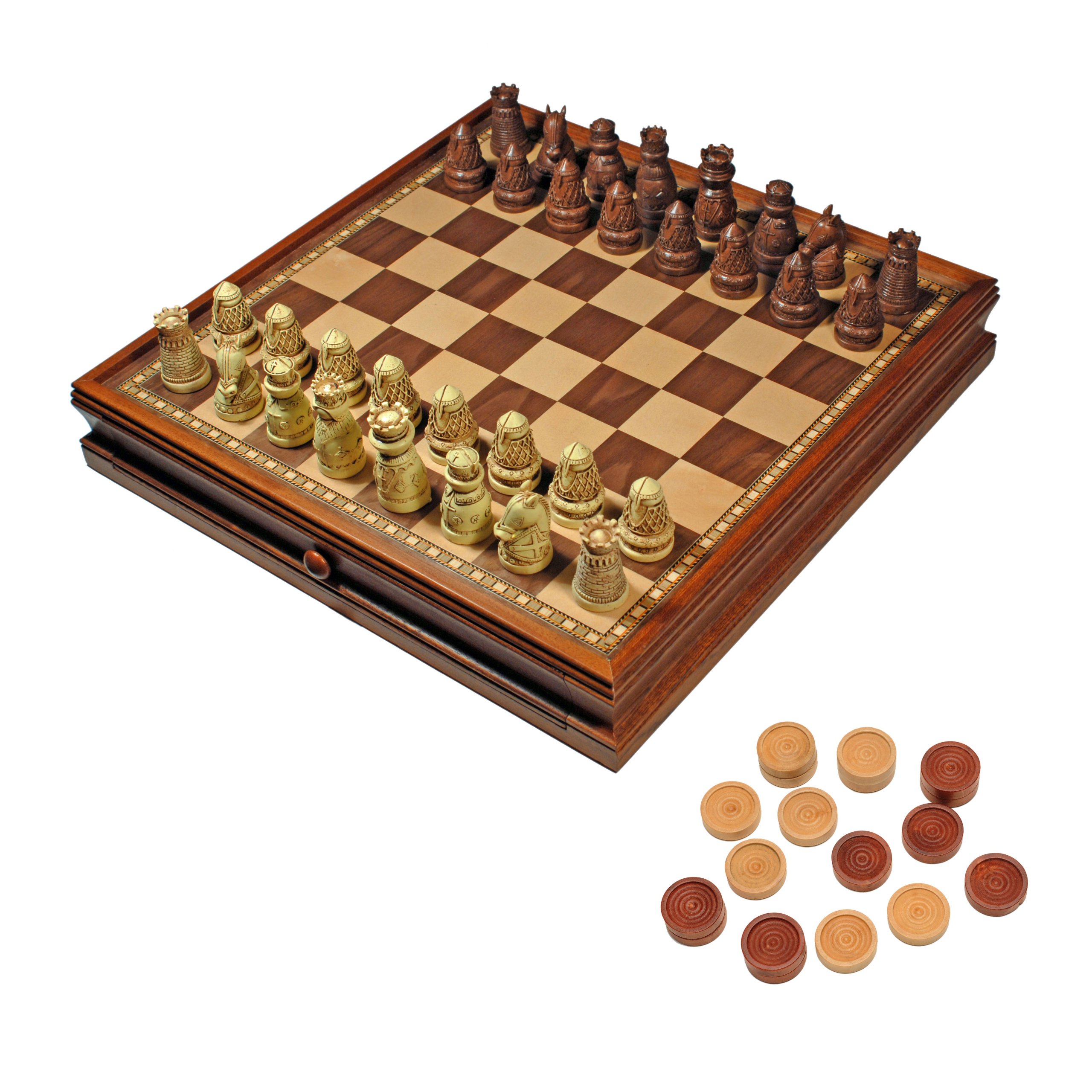 WE Games Medieval Chess and Checkers Set with Brown & Ivory Chess Pieces - 15 Inch Wooden Board with Storage Drawers - Perfect for Home, Office, and Medieval-Themed Game Nights