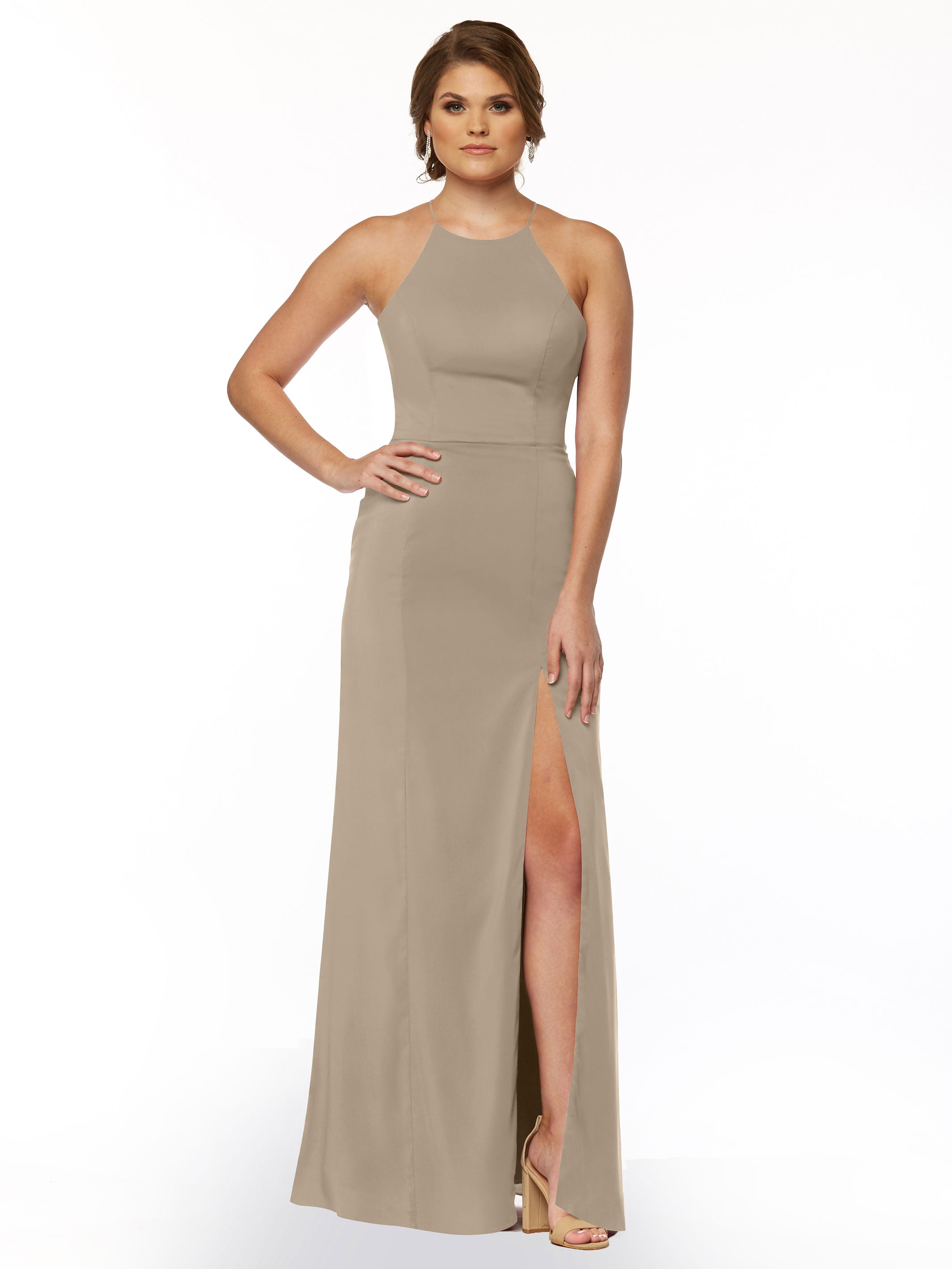 Elegant 83026 Sheath Stretch Chiffon Bridesmaid Dress with Halter Neckline & High Slit - Perfect for Weddings, Formal Events & Evening Parties