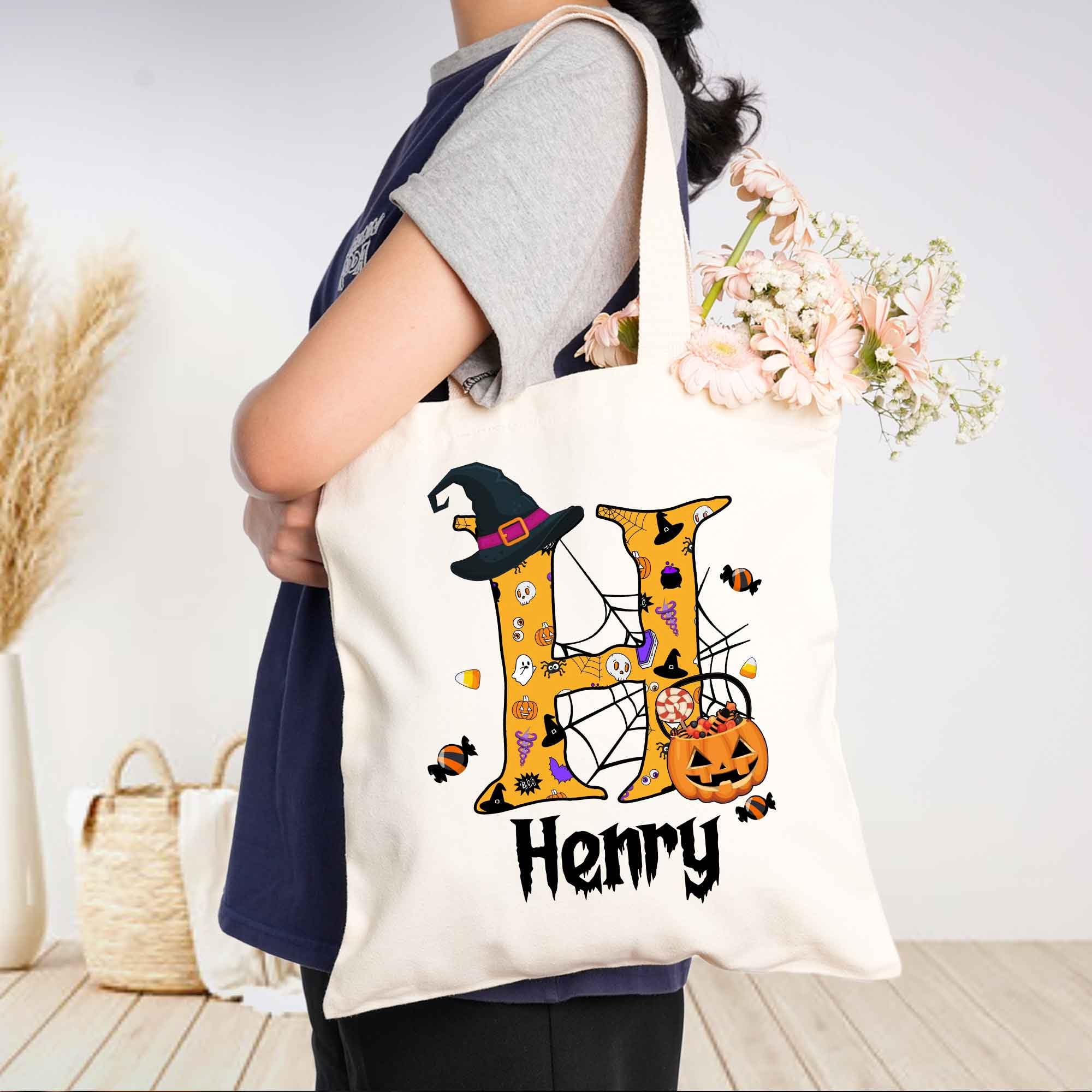 Personalized Halloween Trick or Treat Bags with Names - 5 Custom Font Designs, 15x16 Inch Reusable Tote Bags for Women & Kids, Witch-Themed Halloween Party Favors, Trick-or-Treating & Costume Accessories (Design 1)