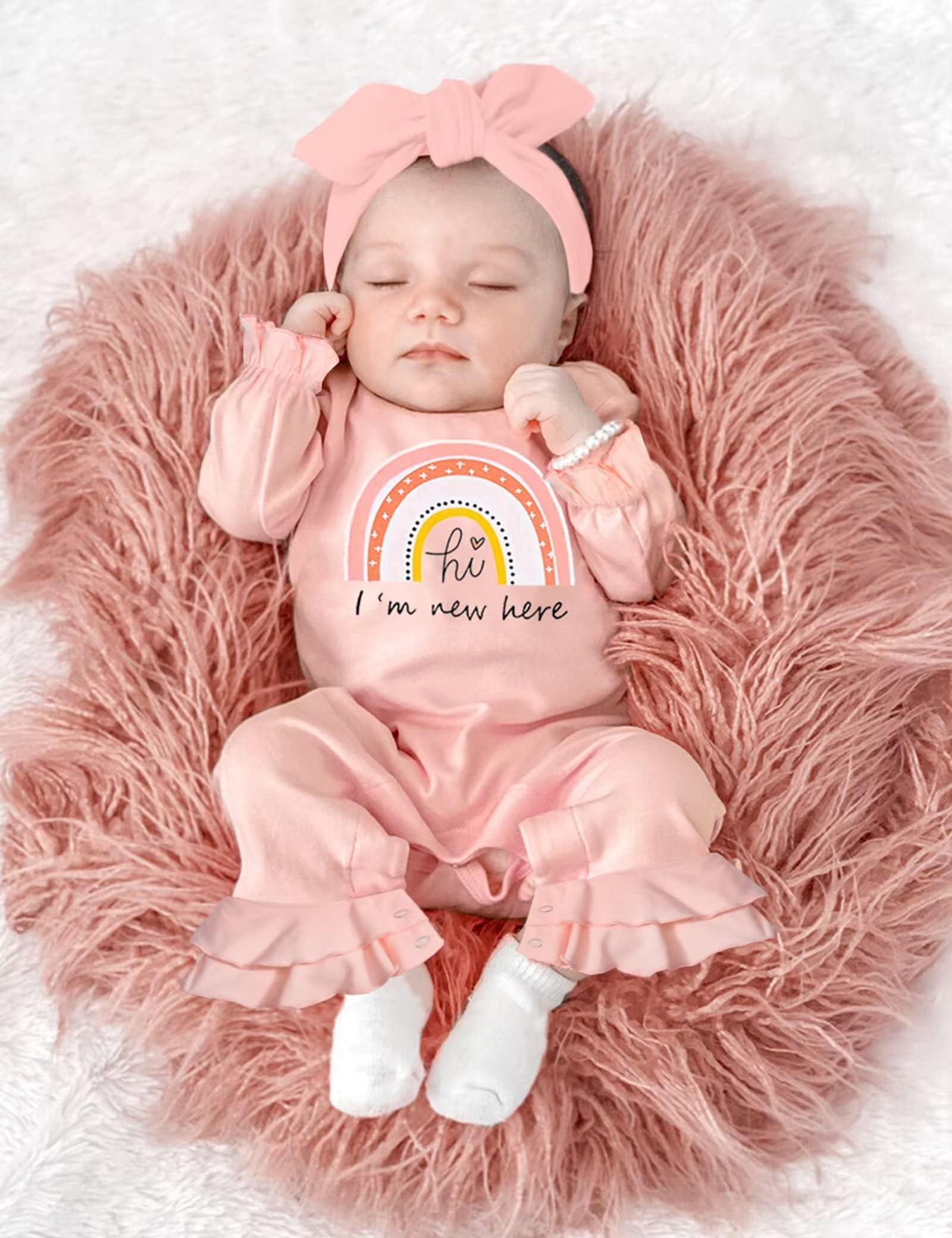 Newborn Girl Clothes - Ruffle Letter Print Romper & Bell Bottom Jumpsuit with Headband Hat | Boho Style Baby Outfit for Photoshoots, Parties & Special Occasions