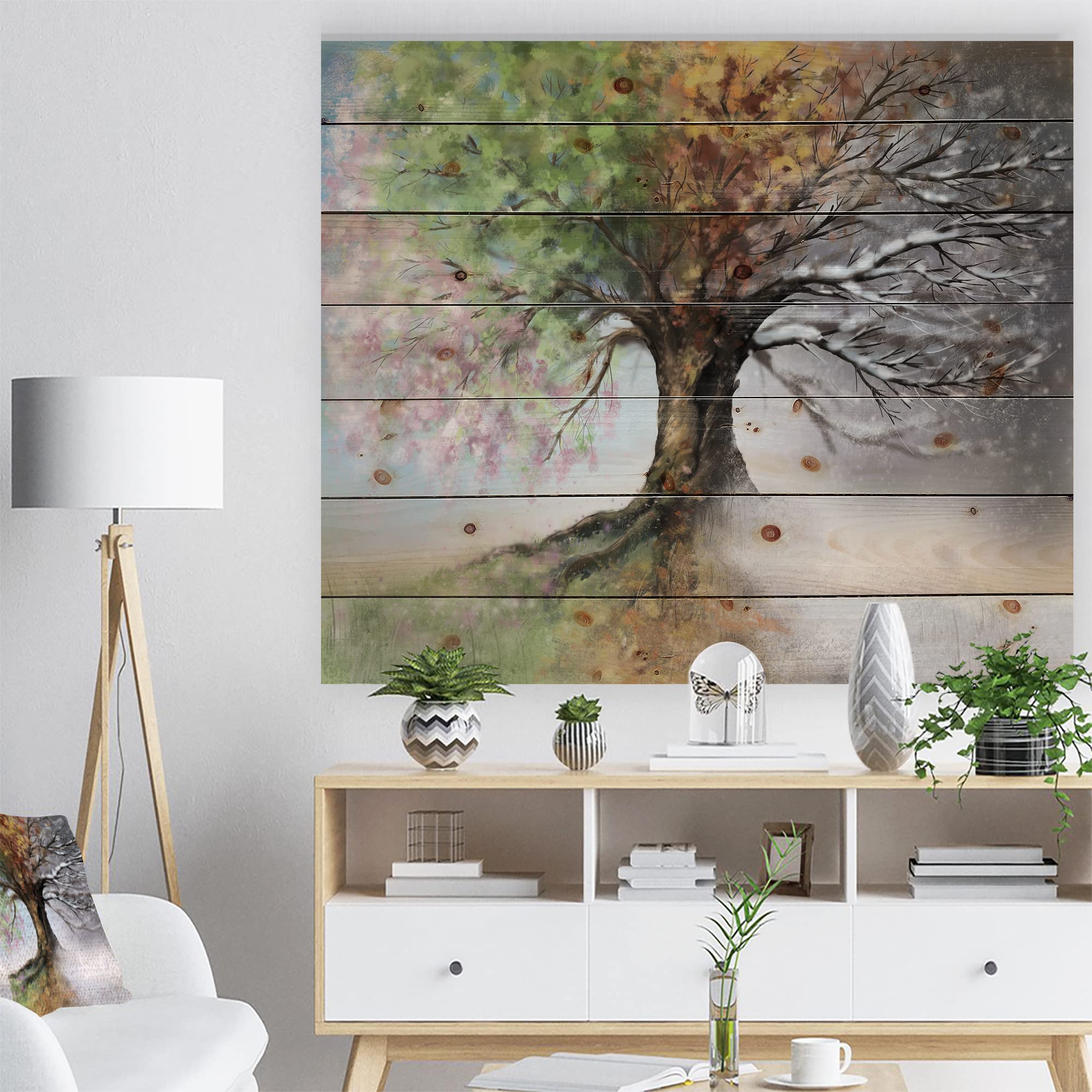 Four Seasons Tree Traditional Wood Wall Decor - Large Landscape Pine Wood Art Panel for Home & Office Decoration | Perfect for Living Room, Bedroom, and Office Spaces
