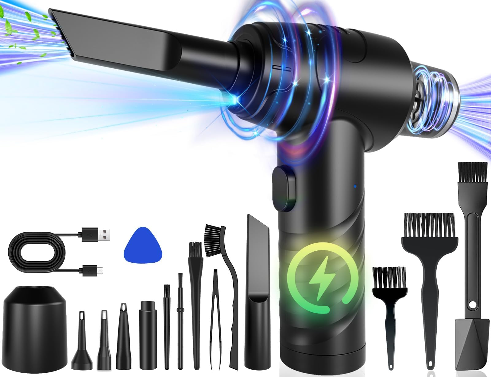 Rechargeable Electric Air Duster & Vacuum 2-in-1 - 110,000 RPM Cordless Air Blower with 3 Speed Settings, LED Light & 12,000PA Powerful Motor - Perfect for Cleaning PC, Keyboard, Car Interior, Electronics and Hard-to-Reach Areas