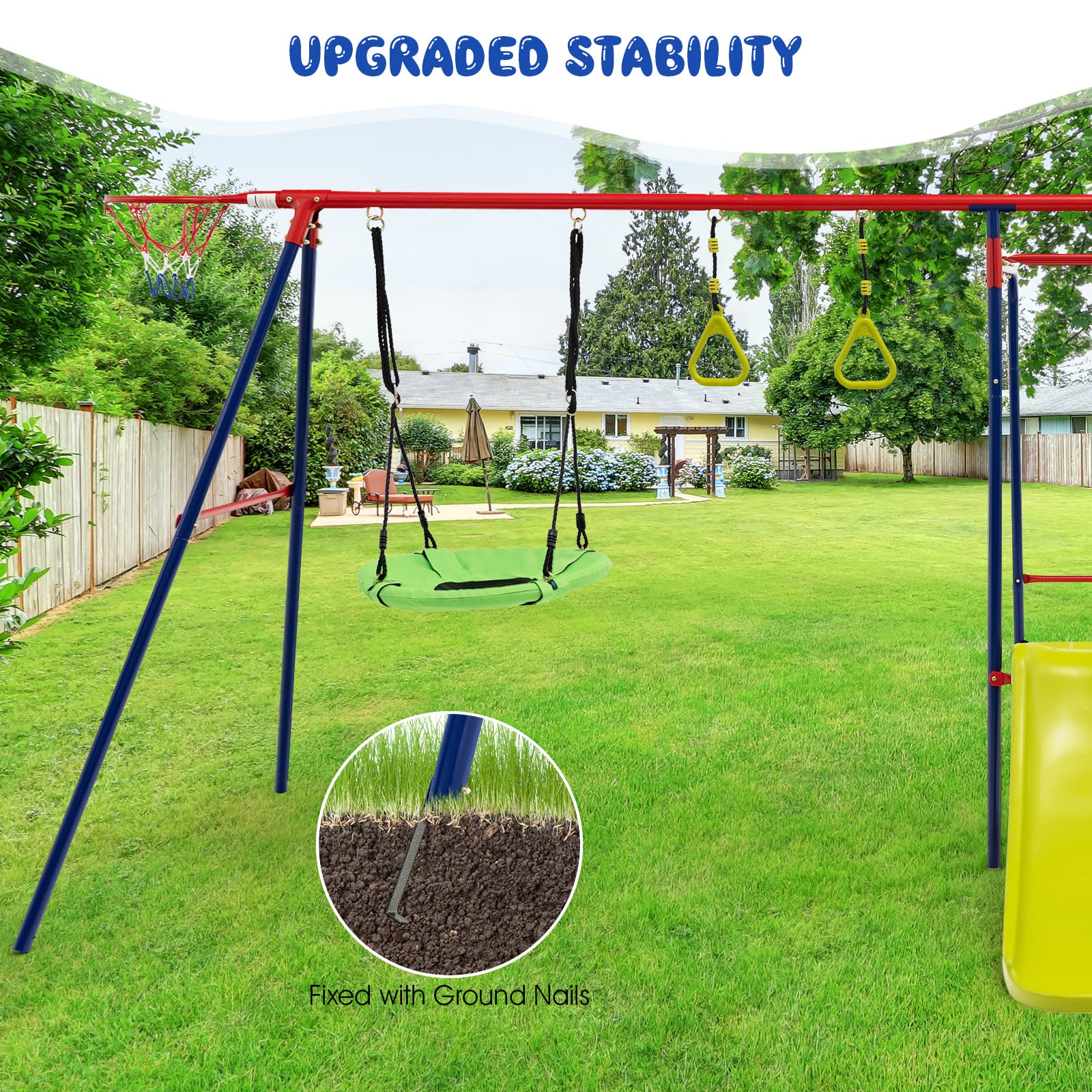 OLAKIDS 7-in-1 Heavy Duty Metal Swing Set for Backyard - 660LBS Capacity A-Frame Playset with Monkey Bars, Slide, 2 Swings, Glider, Trapeze Rings & Basketball Hoop | Outdoor Playground Equipment for Kids | Perfect for Backyard Fun, Birthday Gifts & Family Bonding Activities