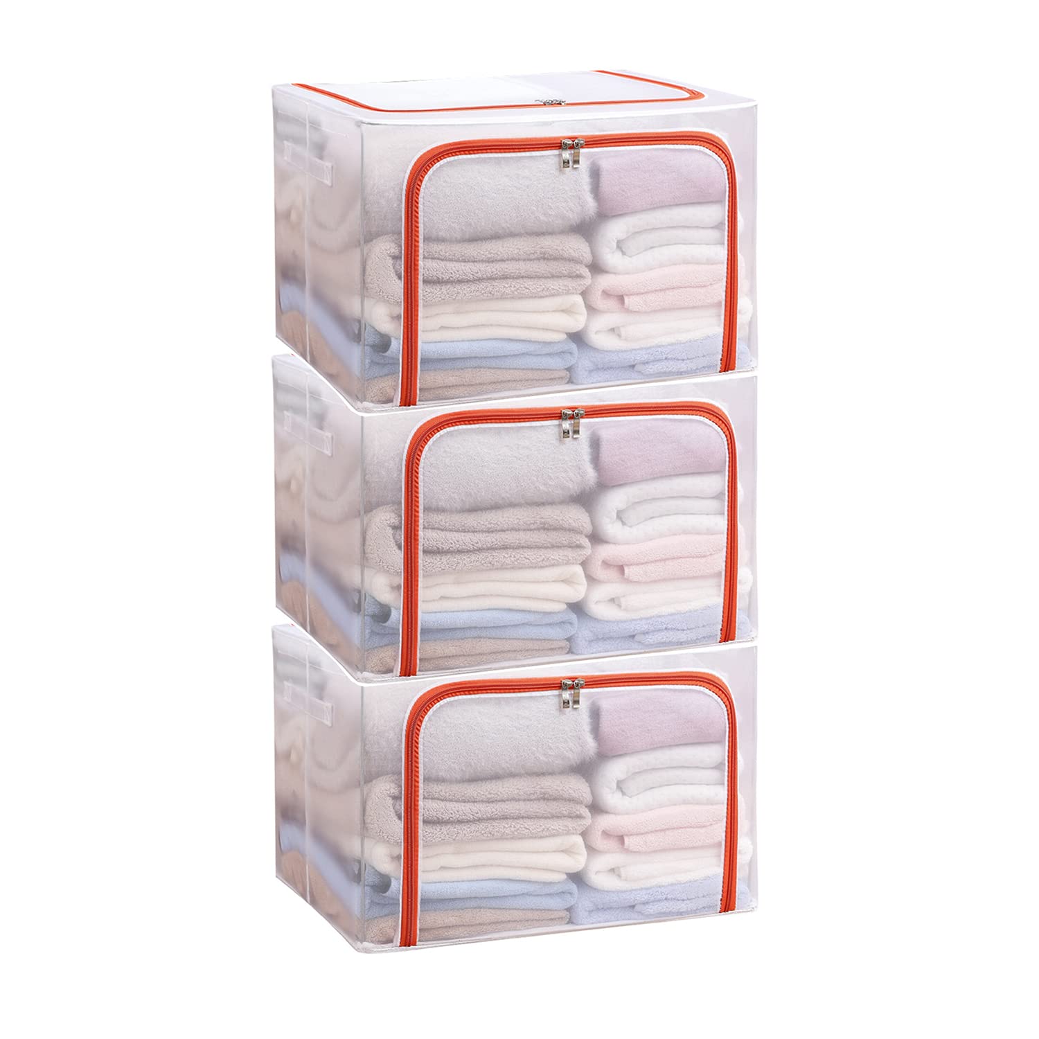 GUO FENG DIAO Extra Large Steel Frame Storage Box - Transparent Foldable Wardrobe for Quilts & Clothes (110L x 3Pcs, PVC/Nylon Fabric, Breathable Orange) - Perfect for Home Organization, Seasonal Storage & Closet Space Saving