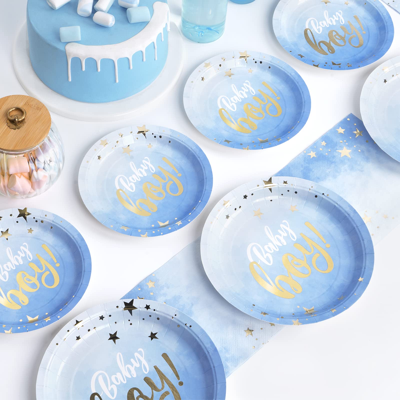 DECORLIFE Baby Shower Plates and Napkins Set for Boys - 24 Blue Themed Plates, Forks Included (96 Pieces Total) - Perfect for Baby Showers, Birthday Parties & Gender Reveal Celebrations