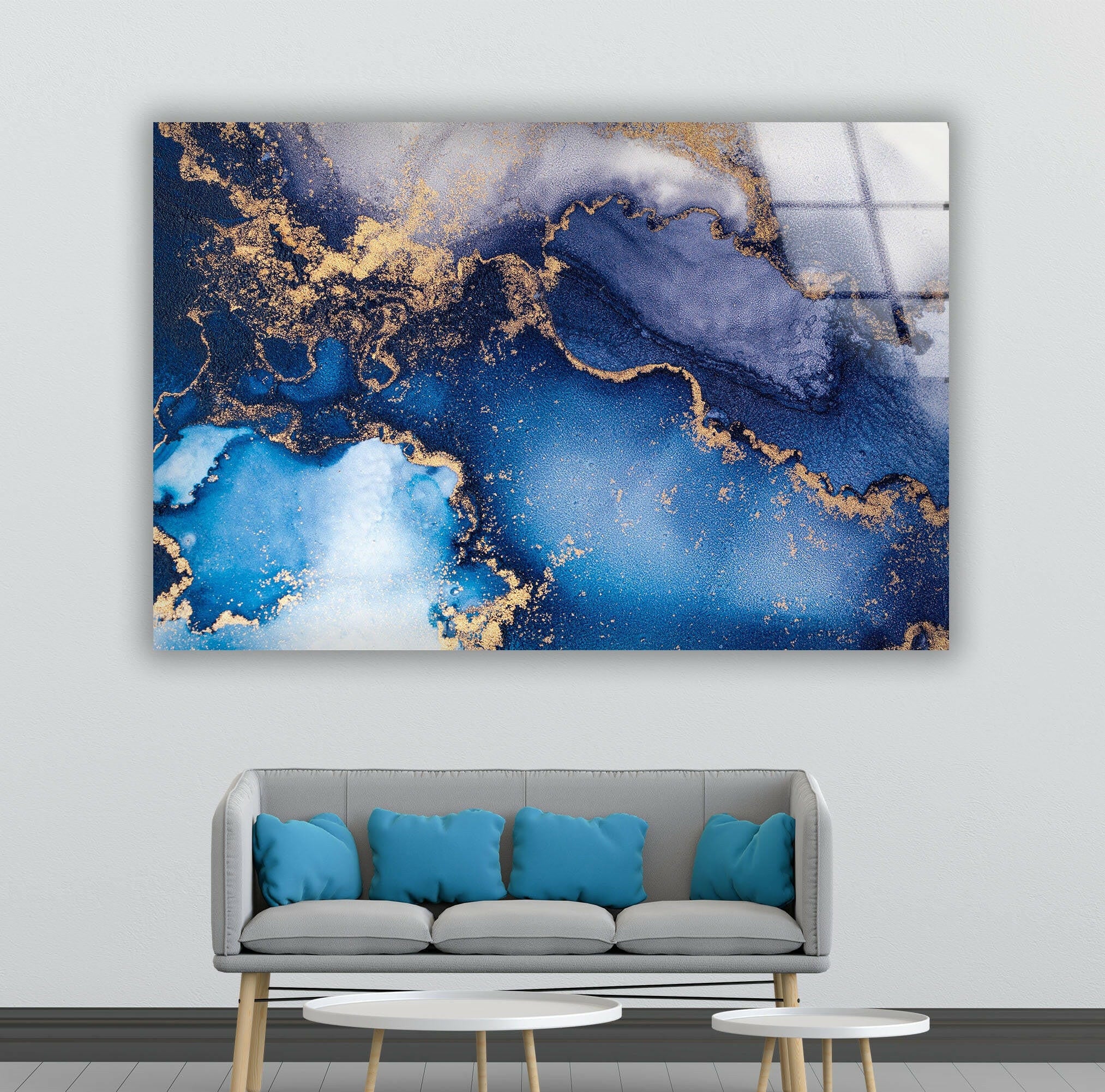 Blue and Gold Alcohol Ink Glass Wall Art - Handmade Modern Abstract Painting for Home & Office Decor - Perfect for Living Room, Bedroom, or Gift