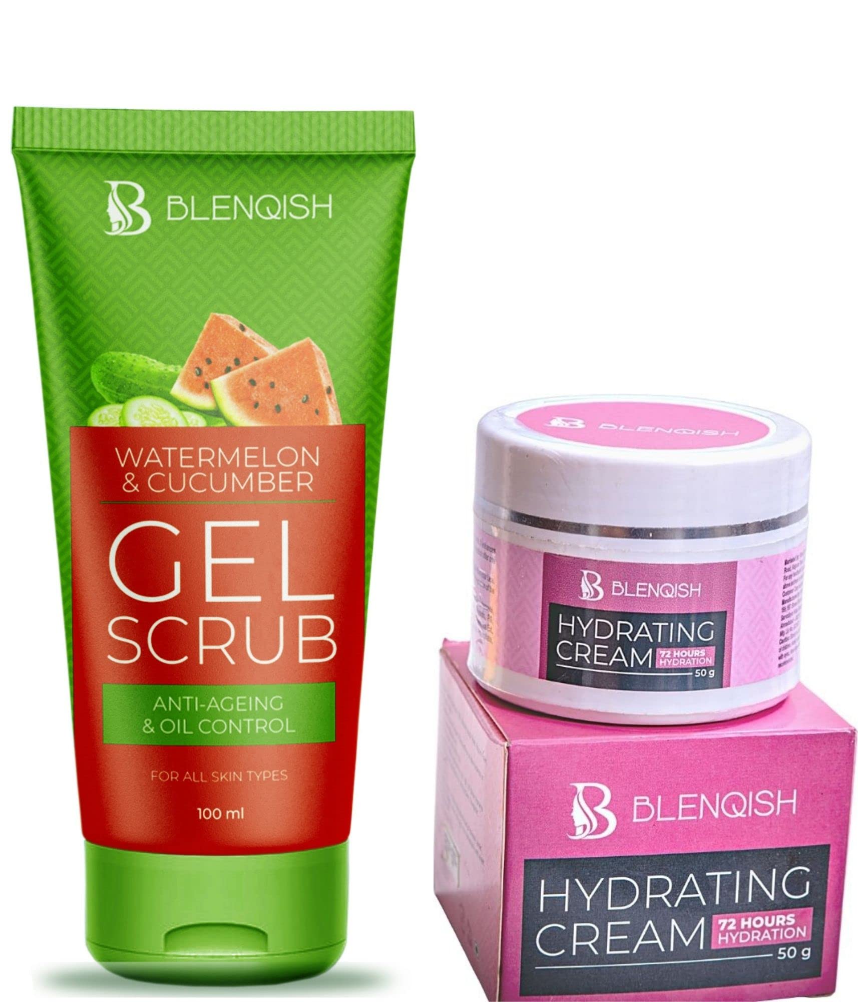 BLENQISH Watermelon & Cucumber Face Scrub & Hydrating Cream - 72H Moisture Boost, Oil Control & Anti-Aging for All Skin Types | Gentle Exfoliation & Deep Hydration | Reduces Wrinkles | Perfect for Daily Skincare & Post-Makeup Cleansing