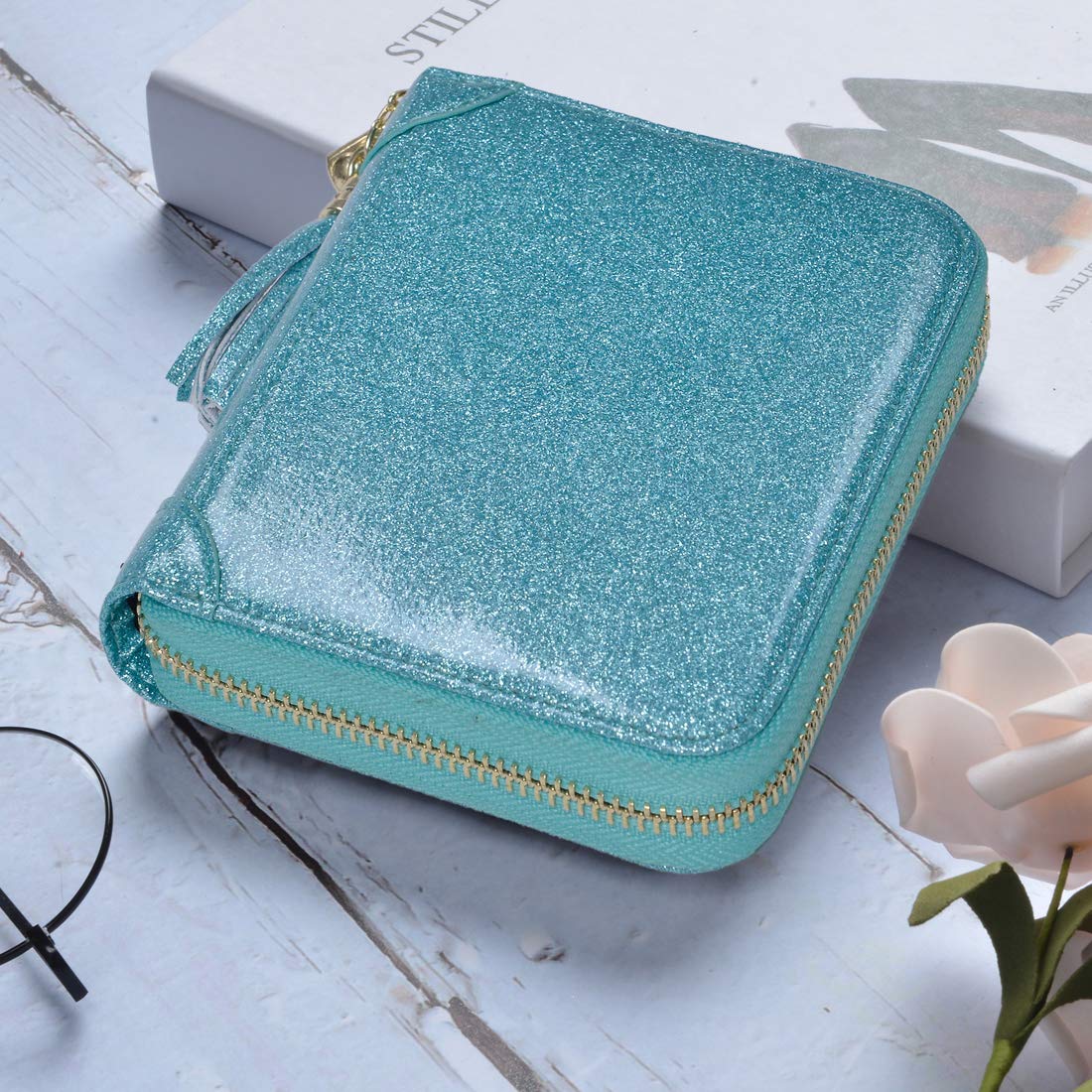 Easyoulife Women's RFID Blocking Leather Credit Card Holder Wallet with Zip Closure - Glitter Teal | Slim Card Case for Everyday Use, Travel & Business