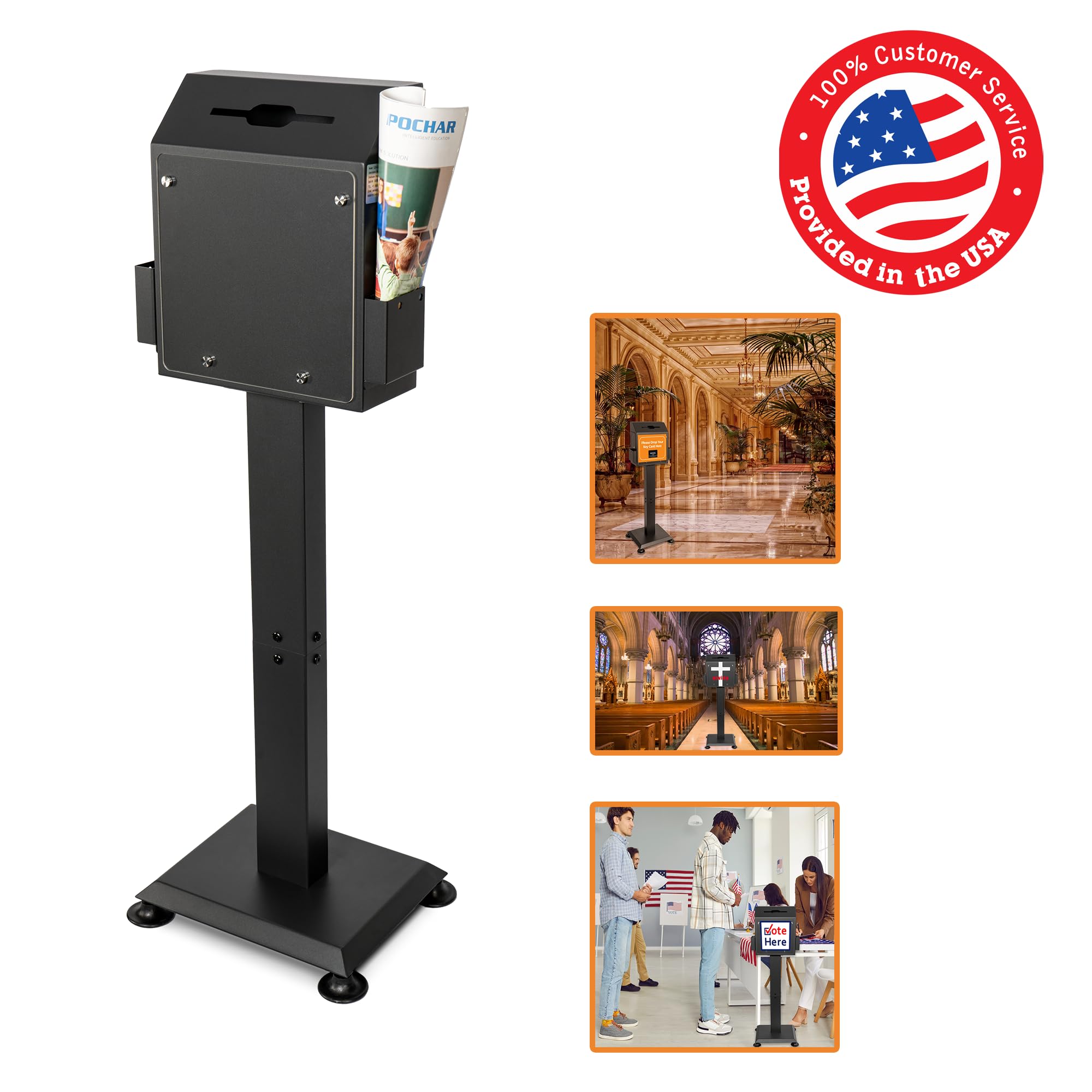 Pochar Heavy Duty Metal Locking Suggestion Box with Stand - Secure Floor Standing Ballot Collection Safe for Voting, Elections, Charity Donations & Church Offerings - Large Black Voting Box for Contests, Events & Community Fundraisers