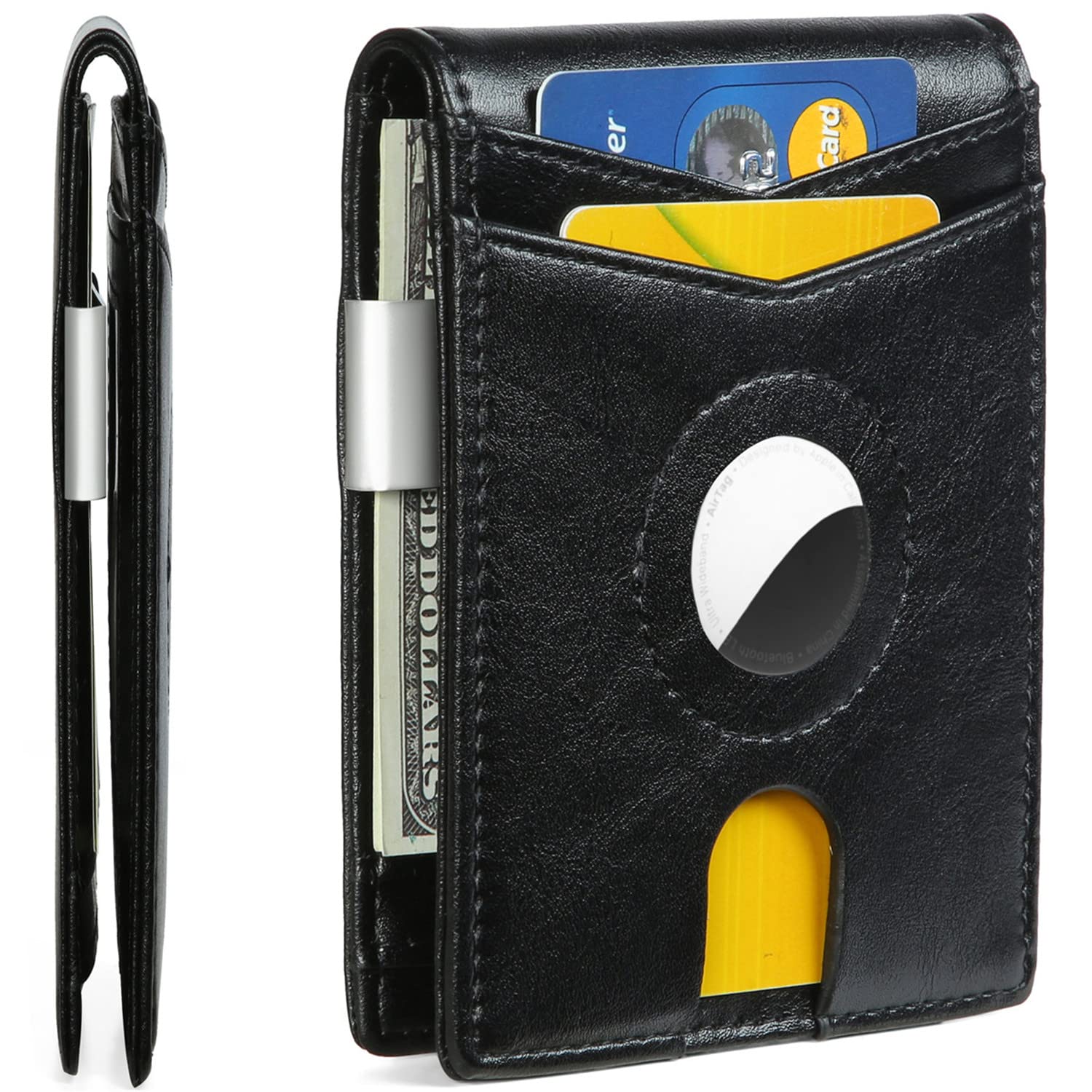 Huztencor AirTag Wallet for Men - Slim RFID Blocking Bifold Wallet with Money Clip & Credit Card Holder - Compatible with Apple AirTag (Oil Black) | Perfect for Travel, Daily Use & Secure Storage