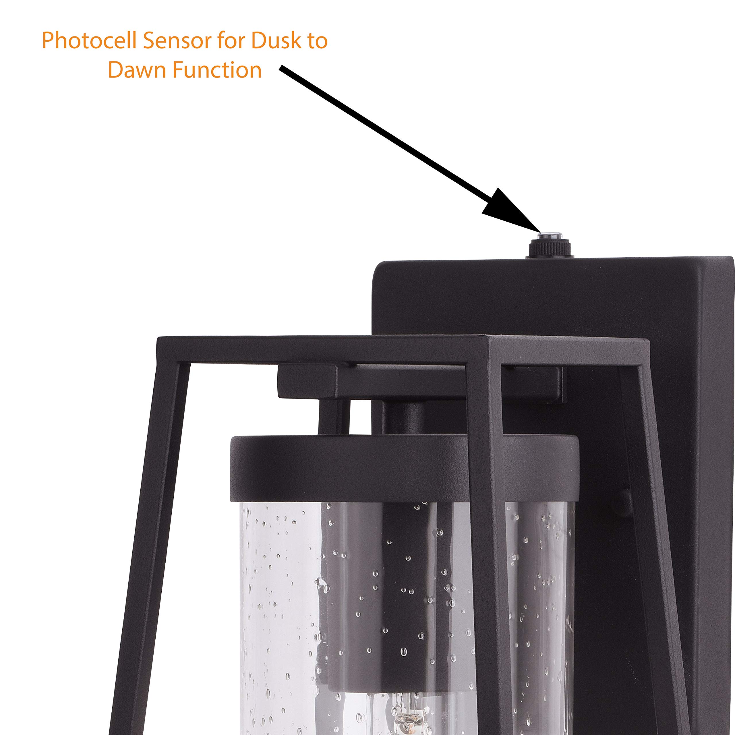 VAXCEL Nash 6.5-inch Black Modern Outdoor Wall Lantern with Dusk to Dawn Photocell Sensor - 1-Light Wall Sconce with Clear Seeded Glass for Porch, Patio, Garden & Entryway Lighting
