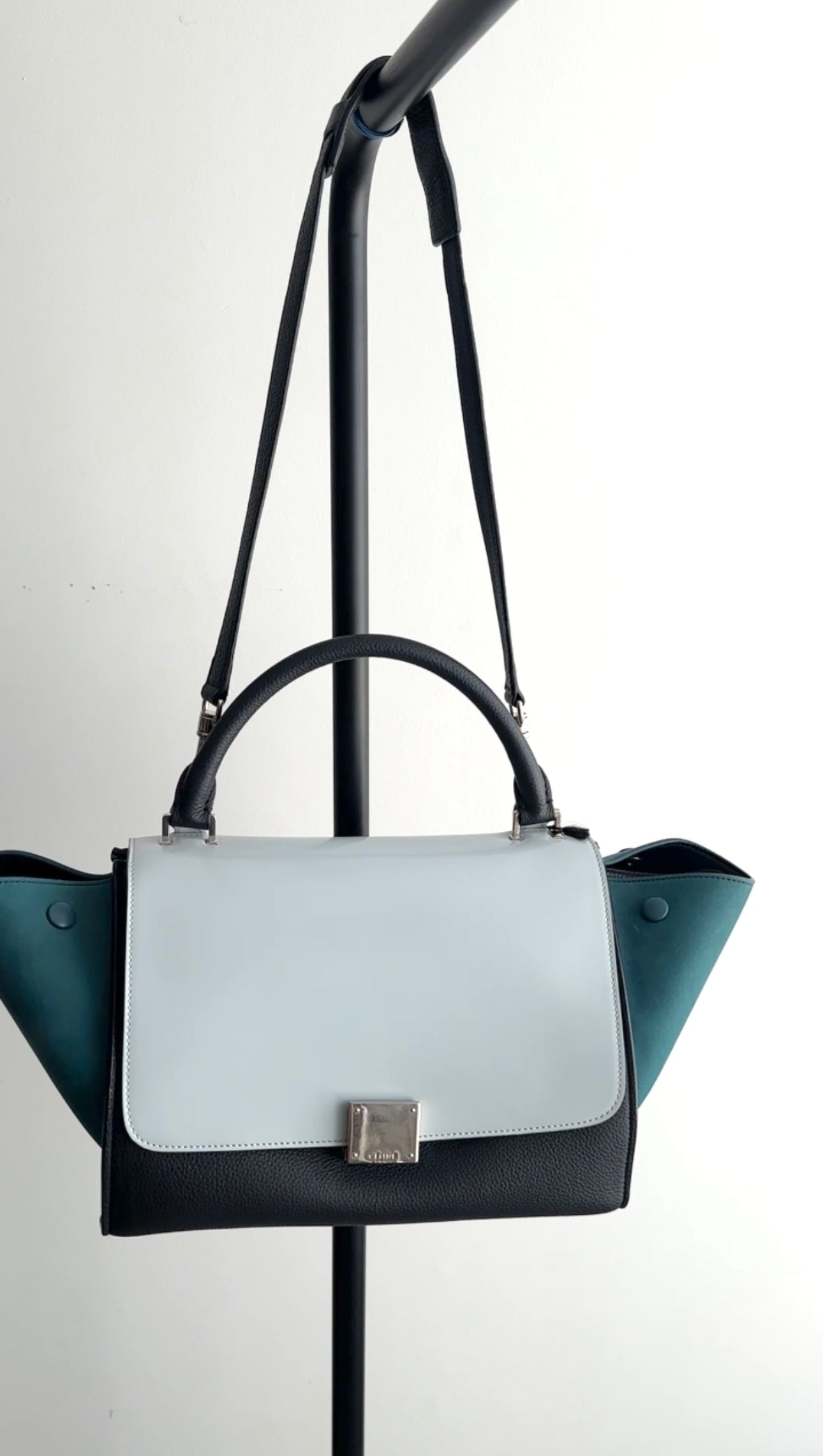 Celine Small Tri-Color Blue Trapeze Handbag with Silver Hardware - Perfect for Work, Travel & Everyday Use