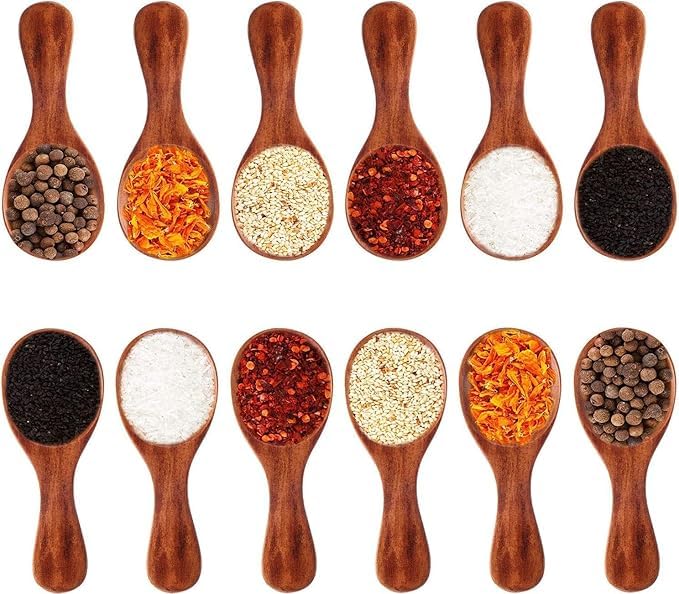 AM CRAFTS Handmade Wooden Masala Spoons - Set of 12 (4 Inch) - Perfect for Coffee, Sugar, Spices & Condiments - Ideal for Small Containers, Kitchen Storage & Gift Giving