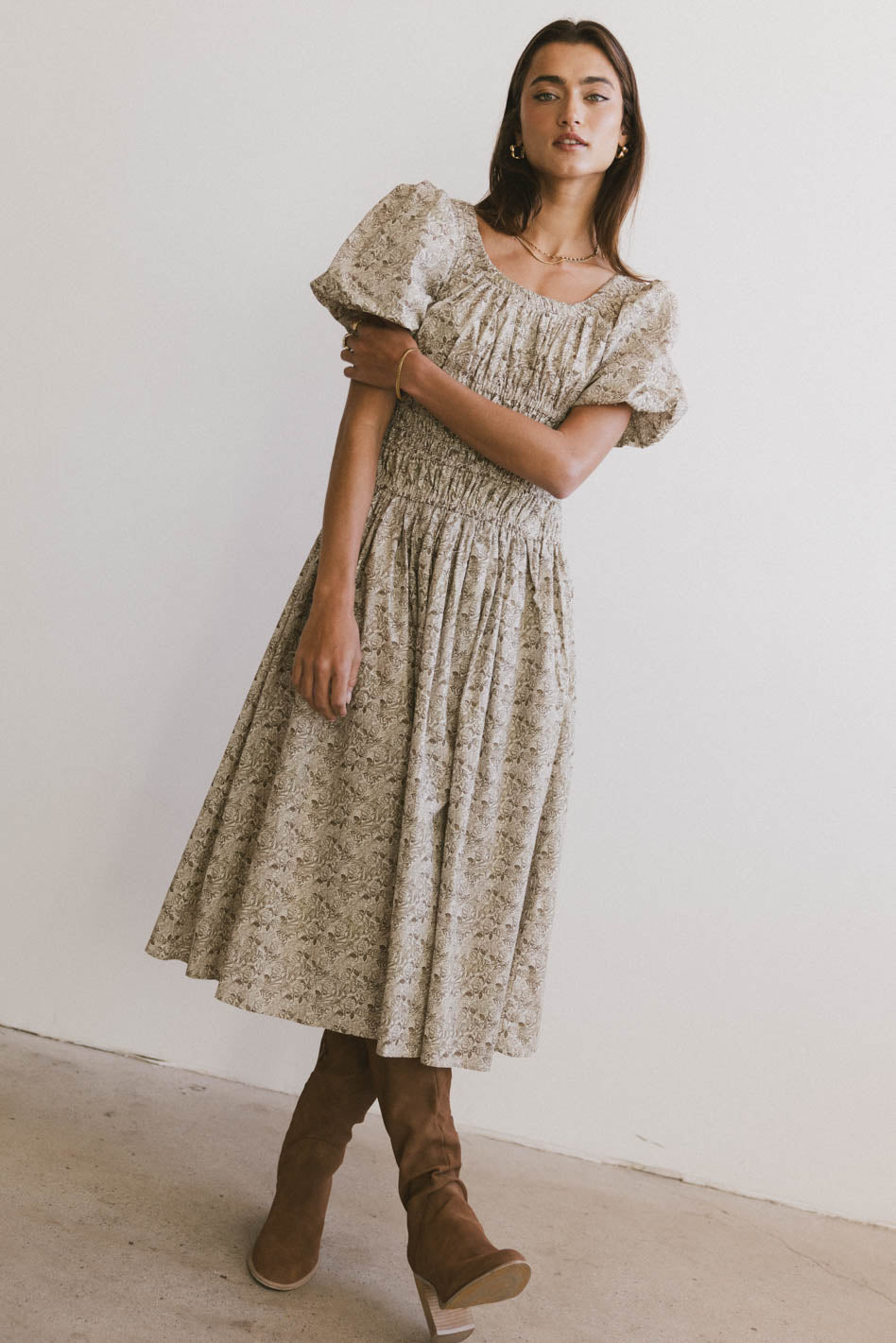 Lucille Smocked Floral Dress in Olive Green - Women's Summer Boho Maxi Dress for Beach Vacation & Outdoor Weddings