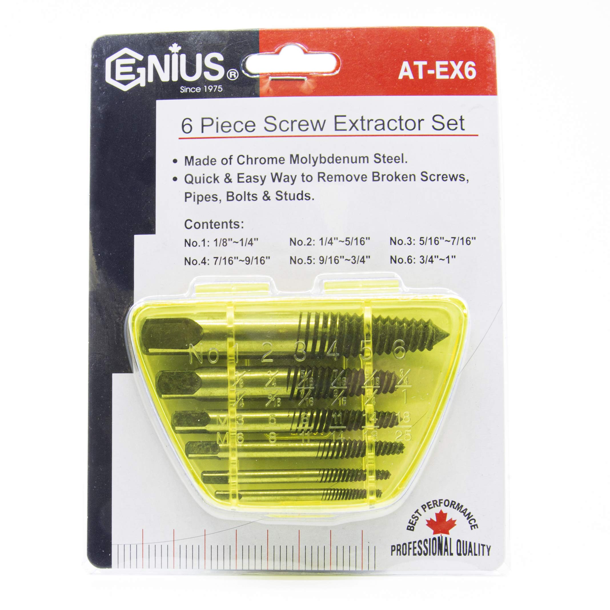 Genius Tools 6-Piece Screw Extractor Set AT-EX6 | Easy Broken Bolt & Screw Removal Kit for DIY & Professional Use