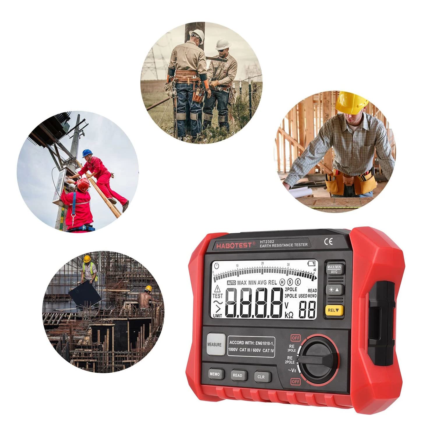 HT2302 Digital Earth Resistance Tester - 0Ω to 4KΩ Range, 100 Data Groups Storage, LCD Backlight Display with Carrying Case - Ideal for Electrical Maintenance, Grounding System Testing & Industrial Safety Inspections