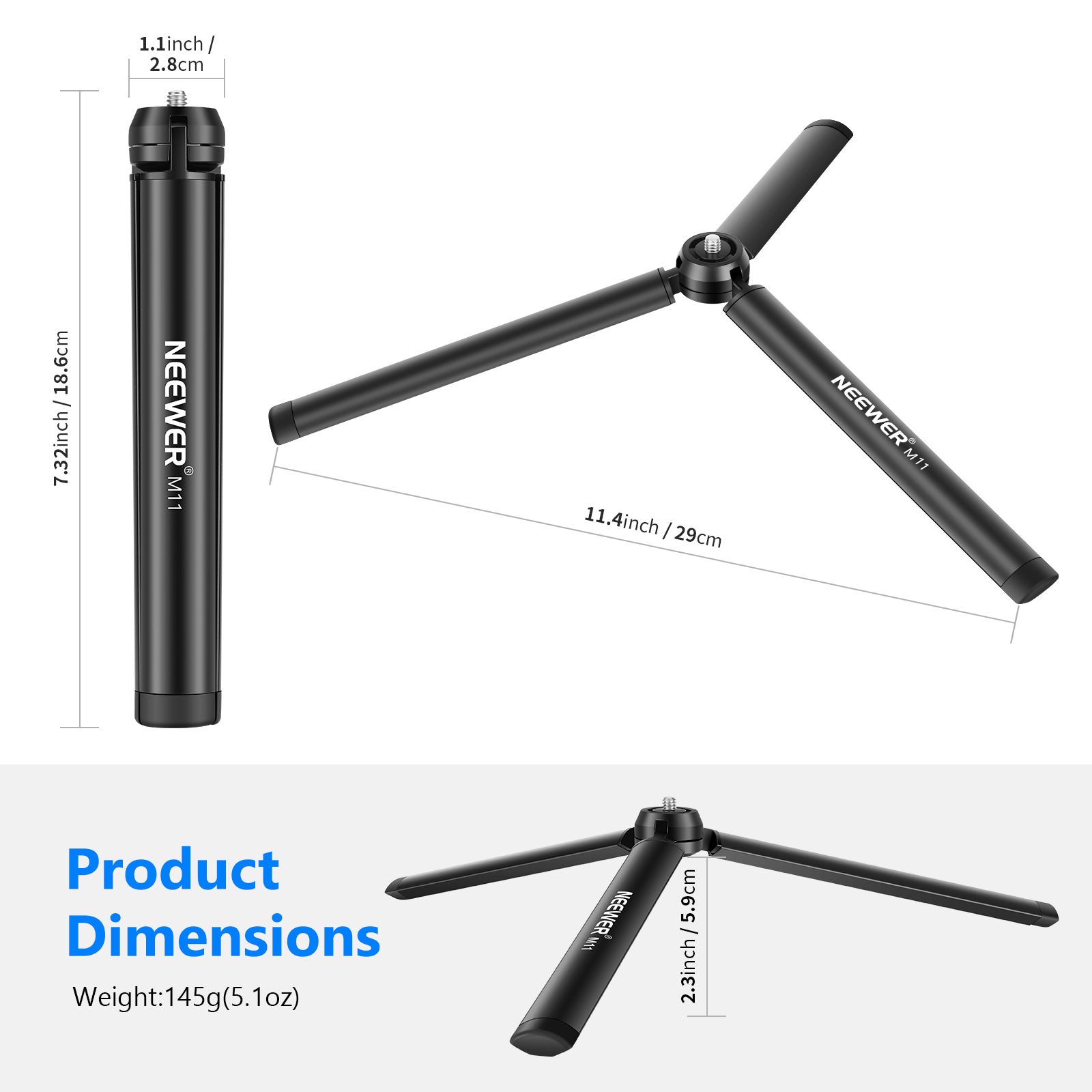 NEEWER M11 Compact Metal Mini Tripod Stand for DSLR Camera, Smartphone, Webcam - Perfect for Vlogging, Live Streaming, Photography & Travel
