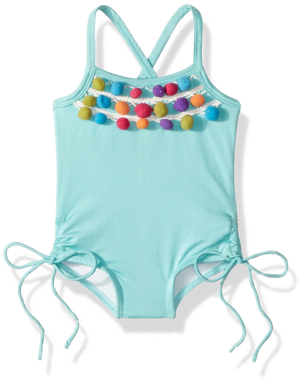 Turquoise Masala Baby Girls Crossback Pom One Piece for Playtime & Parties