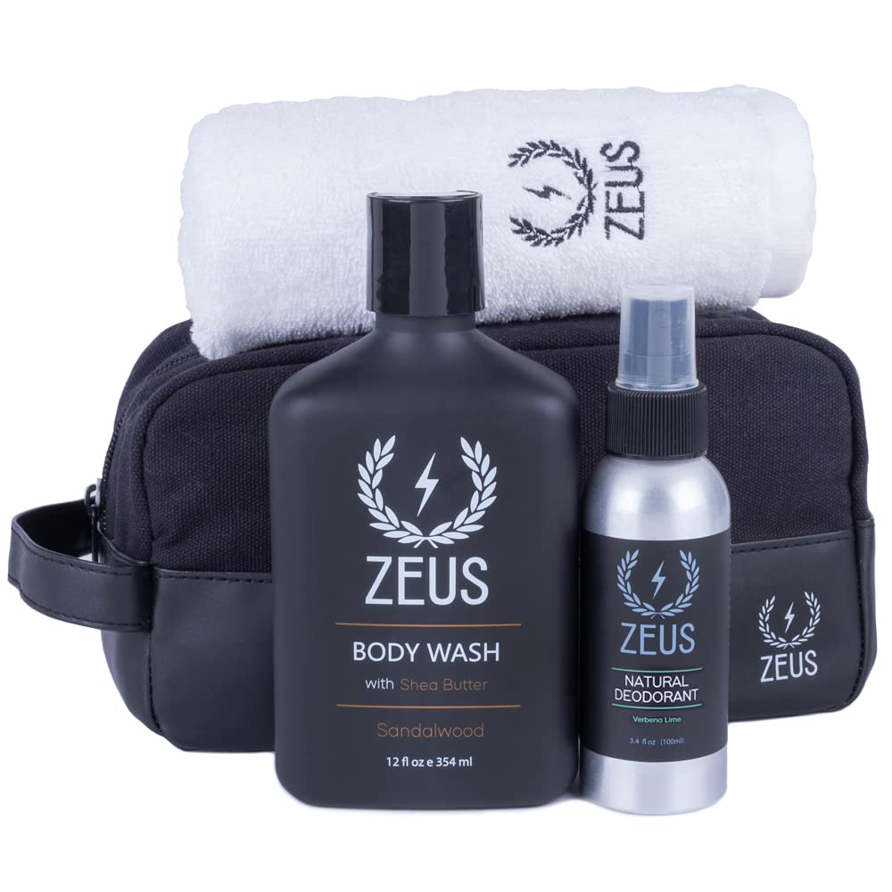 ZEUS Essential Body Care Kit with Travel Dopp Bag – Shea Butter Body Wash, Toiletry Bag, Wash Cloth & Verbena Lime Deodorant Body Spray for Men | Gym, Travel & Everyday Use