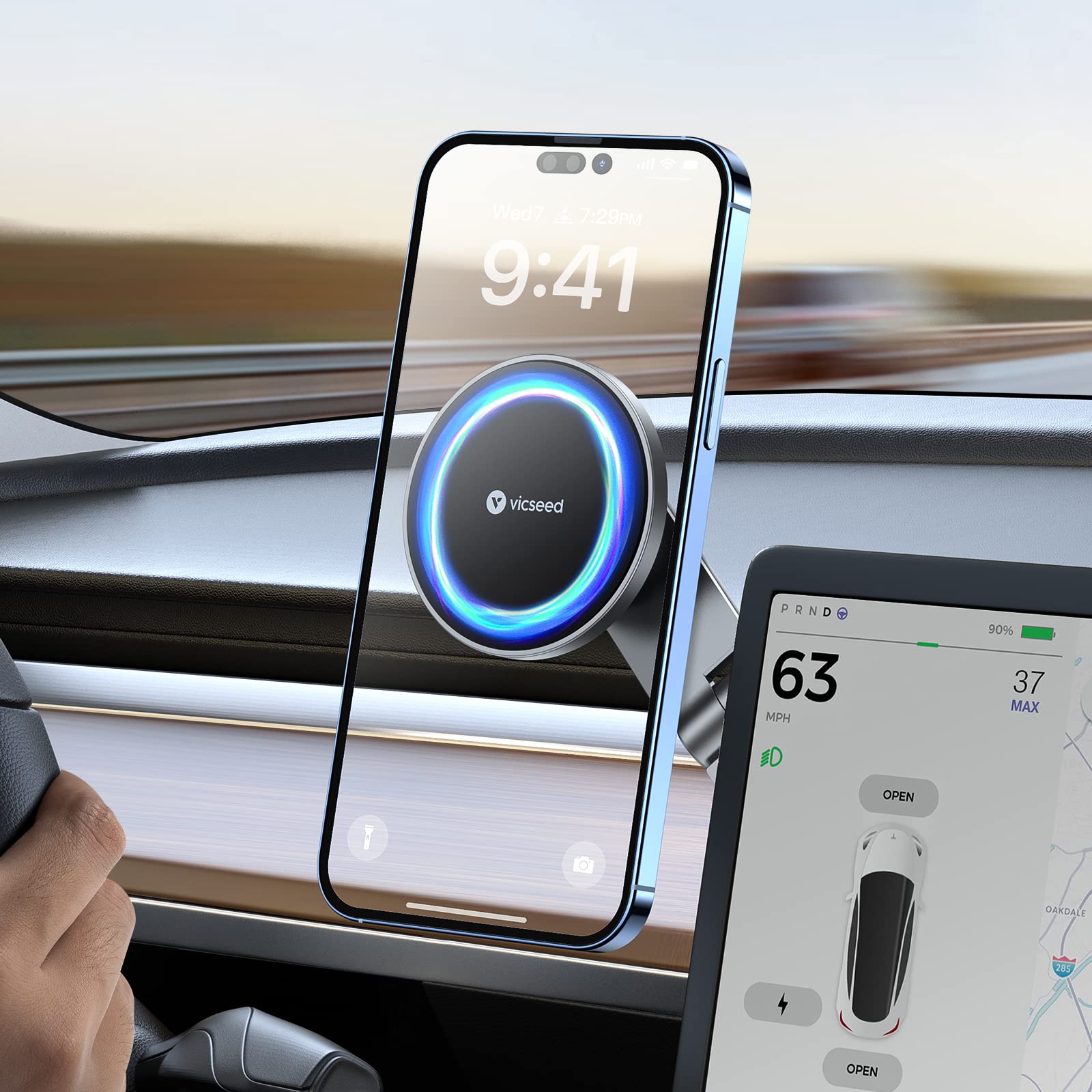 VICSEED Tesla Phone Mount with Strongest Magnet Power - MagSafe Car Mount for Tesla Model 3 & Y, Foldable Hidden Phone Holder Compatible with All Smartphones | Perfect for Hands-Free Navigation & Charging While Driving