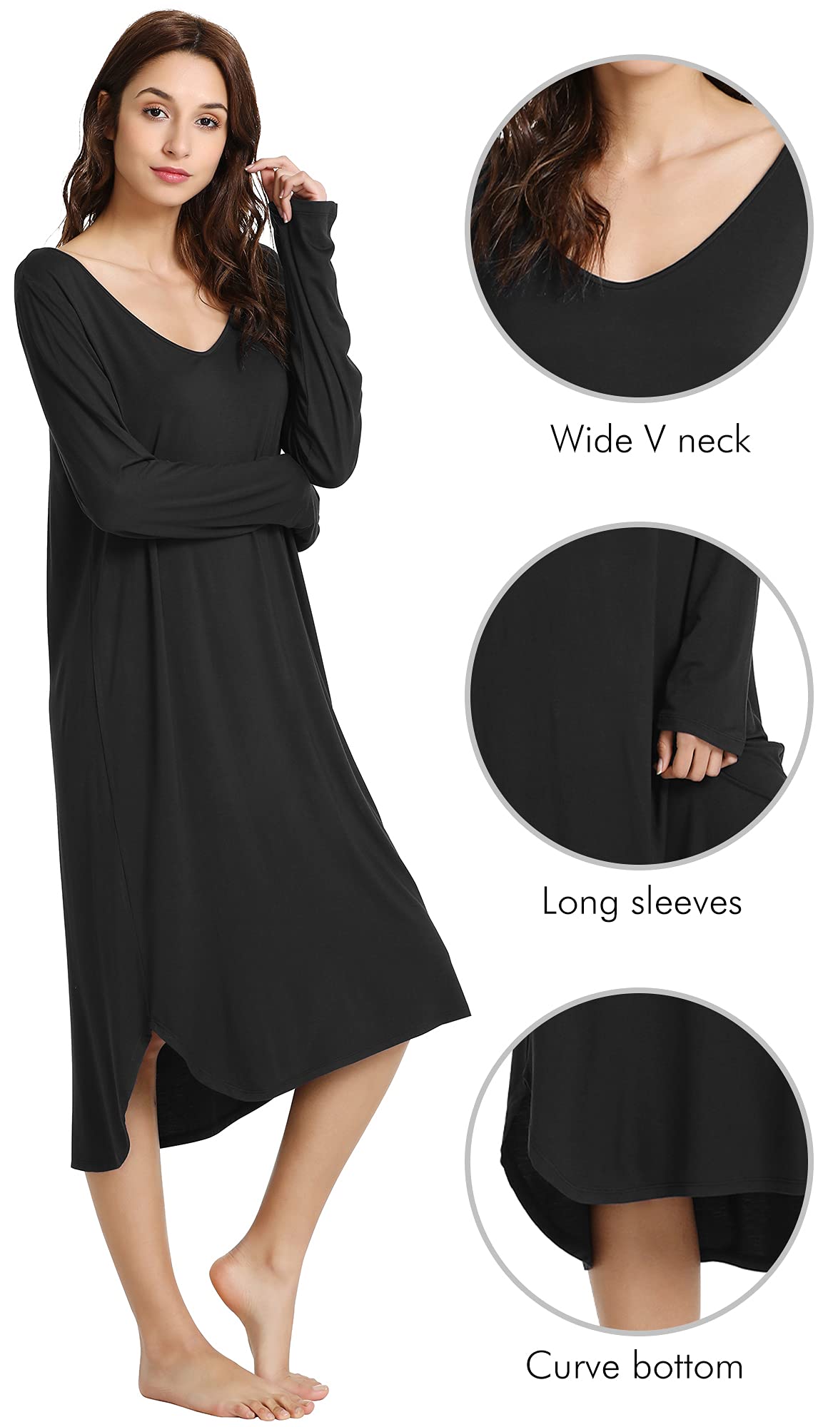 Soft Bamboo Nightgowns for Women - Long Sleeve Sleep Shirt & Comfy Loungewear - Plus Size S-4X - Perfect for Relaxing at Home or Cozy Sleepwear
