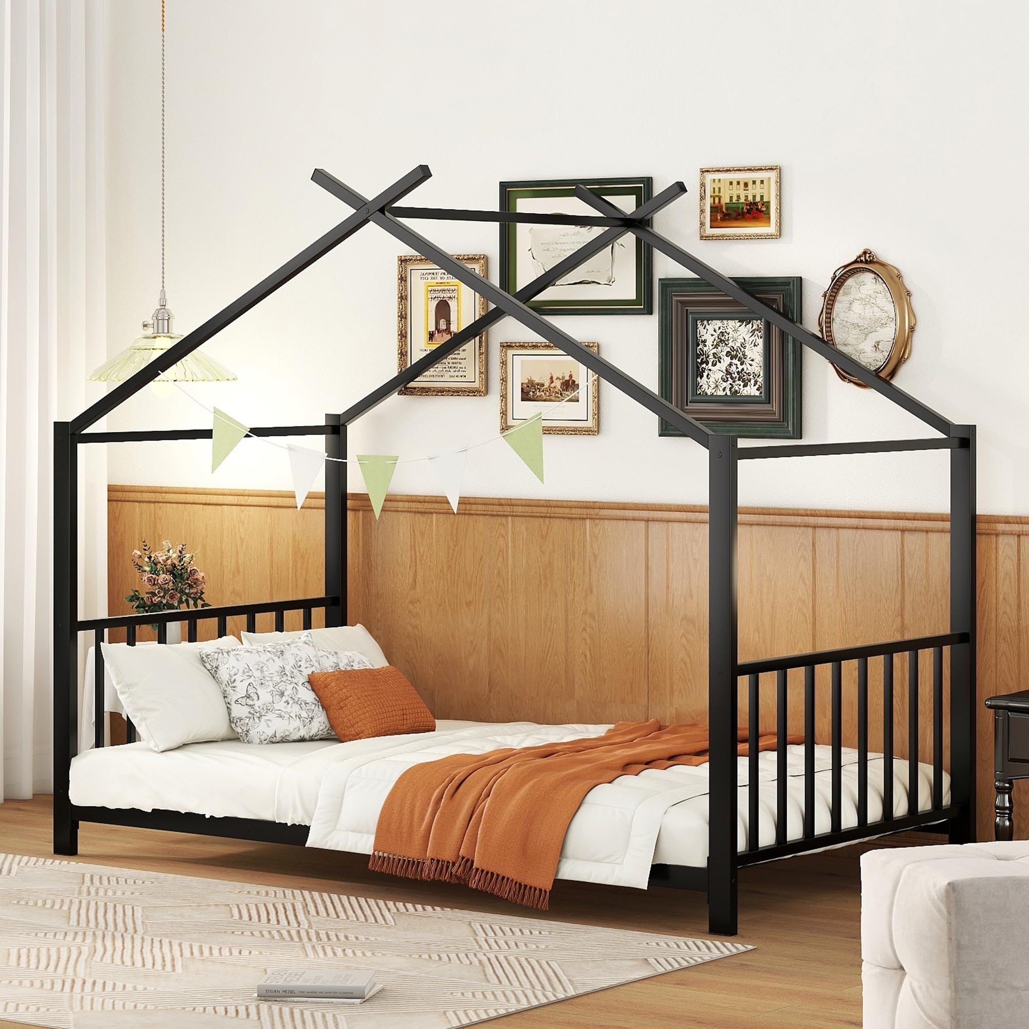 Montessori Twin Size Floor Bed for Kids - Sturdy Metal Frame with High Headboard & Roof Design - Perfect for Boys & Girls Bedrooms (Black) - Ideal for Montessori Learning & Cozy Sleep Spaces