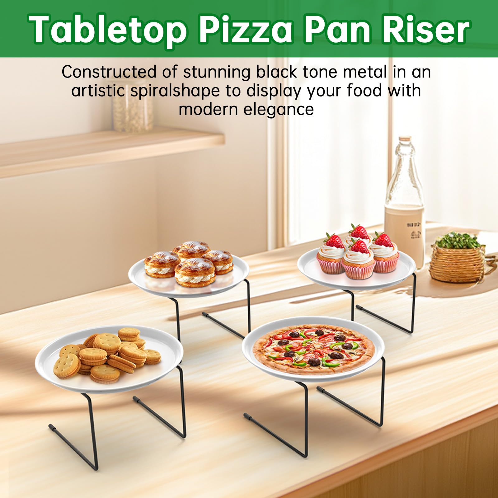4-Piece Black Metal Pizza Table Stands - Pizza Rack Stand for Restaurants & Serving - Pizza Holder, Pan Riser, Food Platter Tray & Display Rack - Perfect for Pizza Parties, Buffets & Catering Events