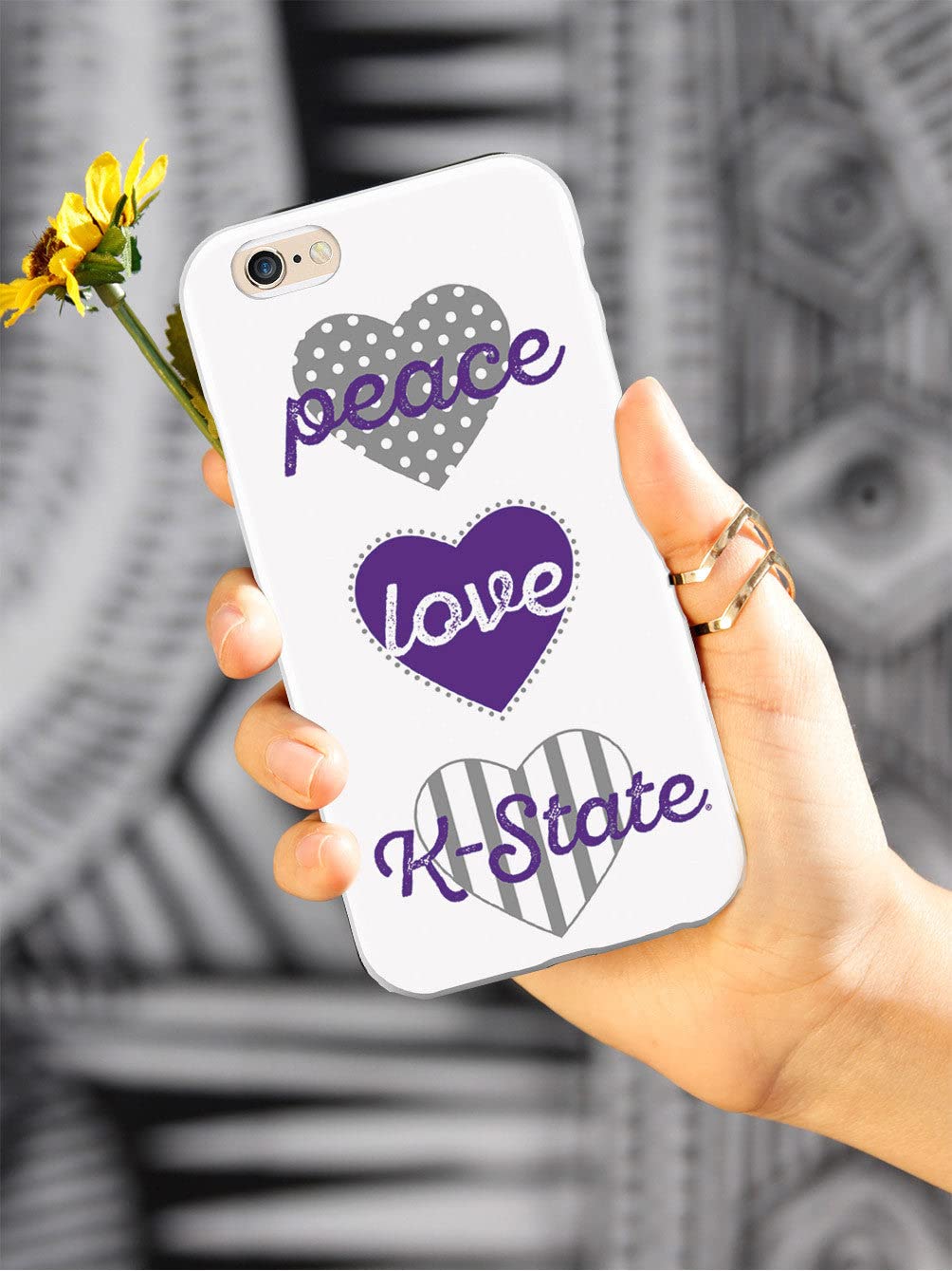 3D Textured Rubber Bumper Protective Case for iPhone 15 Plus - Inspired Peace Love K-State Design - Shockproof Slim Cover for Everyday Use, Travel & Outdoor Activities