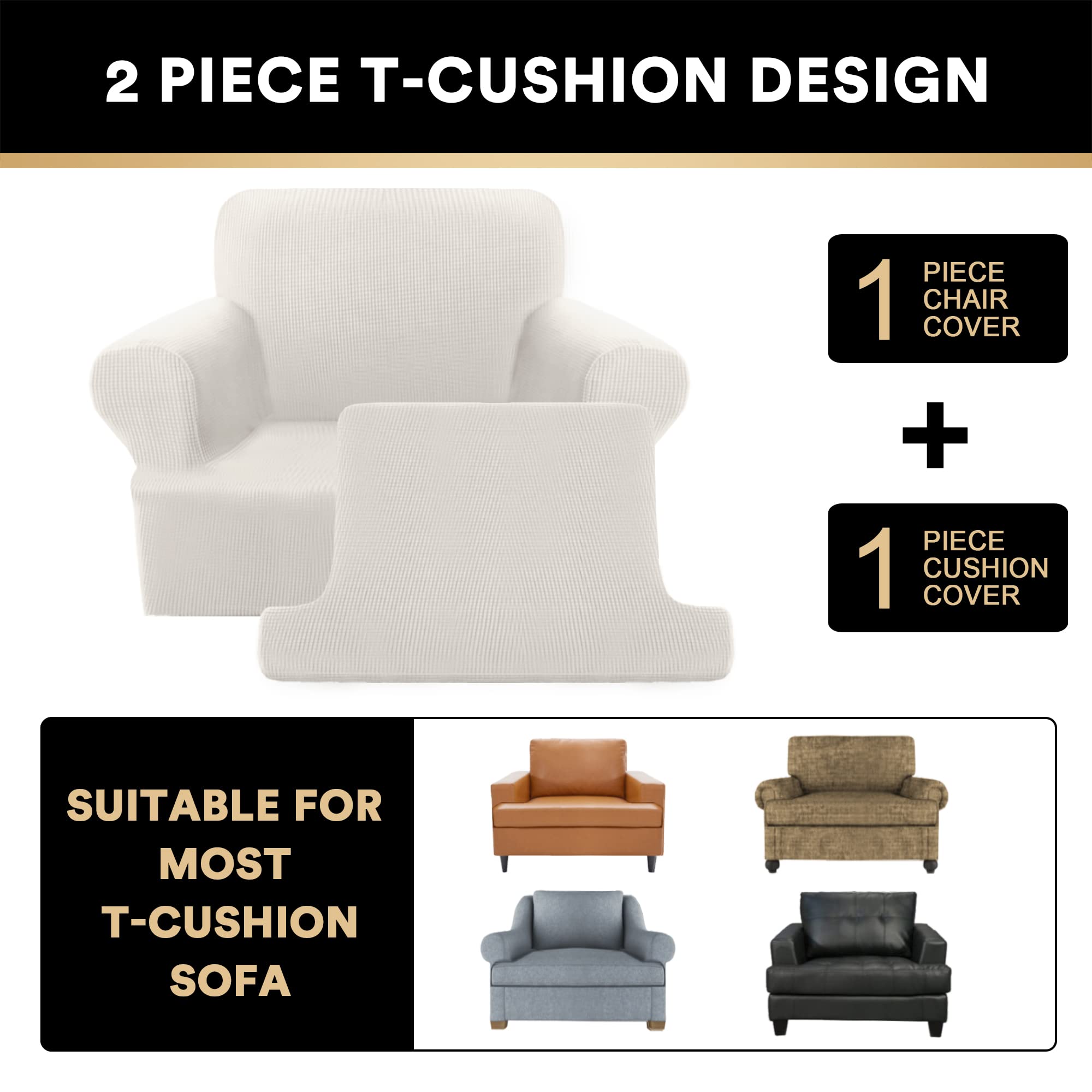 PrinceDeco 2-Pack Stretch Armchair Slipcovers with T-Cushion Cover - Soft Machine Washable Furniture Protectors for Living Room, Office & Dining Chairs - Ivory