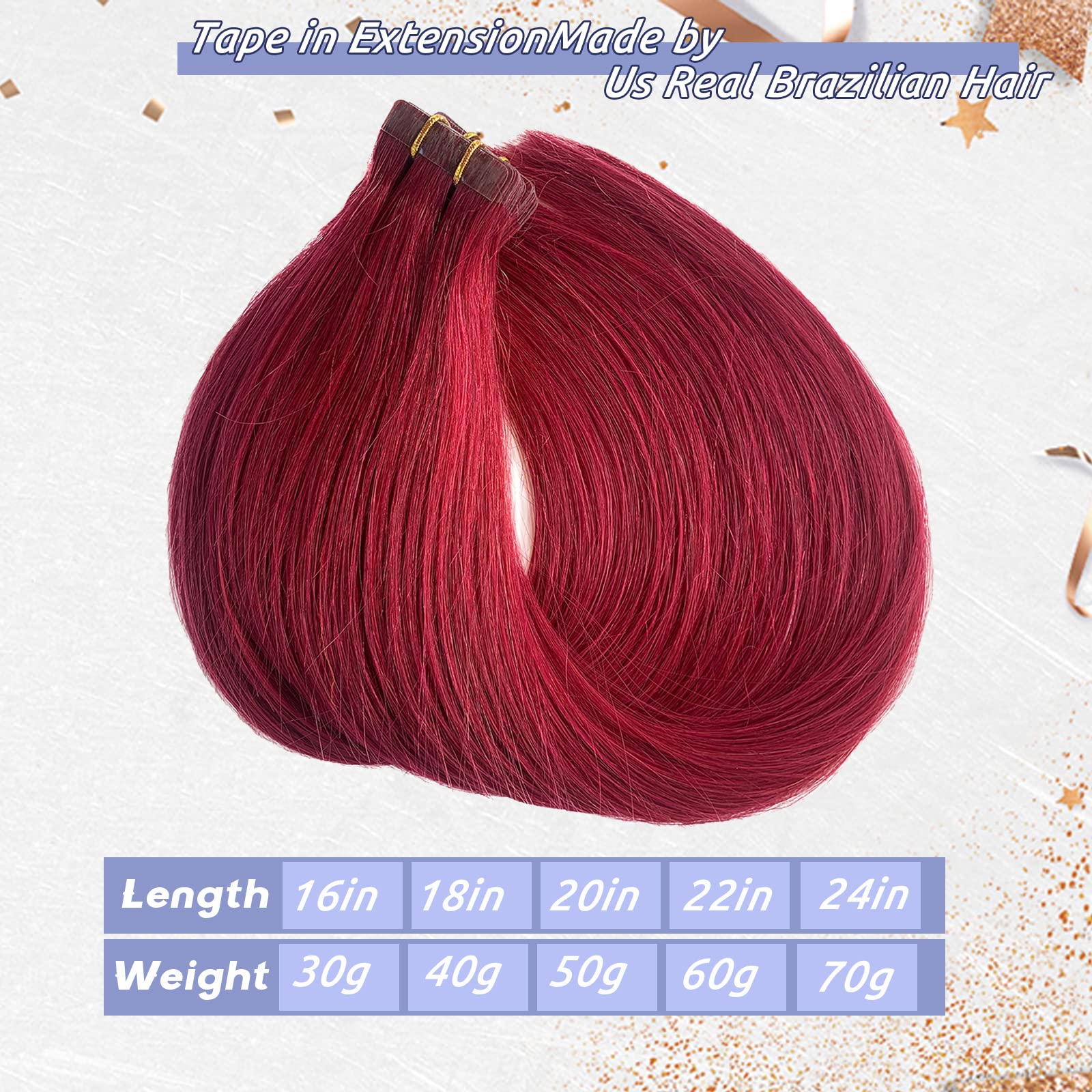 Smavida Tape in Hair Extensions #99J Red Wine - 20pcs/30g Human Hair Wefts | Seamless Skin Weft Silk Straight Remy Hair Extensions with Glue | Perfect for Parties, Weddings & Daily Styling
