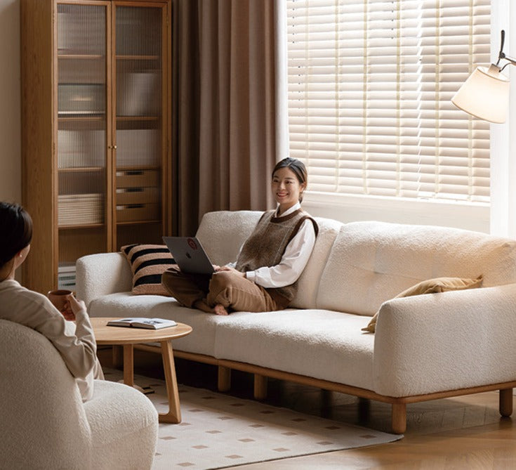 Oak Solid Wood Lamb Fleece Sofa - White Cream Modern Style | Cozy Living Room Furniture for Home Decor