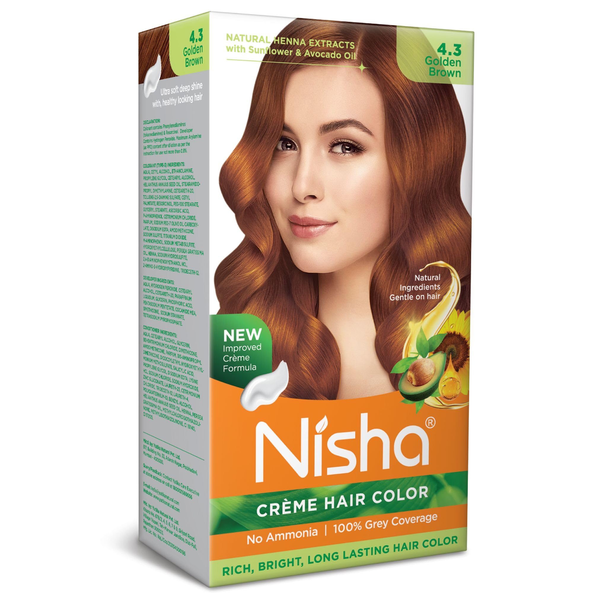Nisha Creme Hair Color Golden Brown 4.3 - Permanent Ammonia-Free Hair Dye for Women & Men, Ultra Soft Deep Shine Formula, 100% Gray Coverage (120g) - Perfect for At-Home Salon Quality Hair Coloring & Touch-Ups