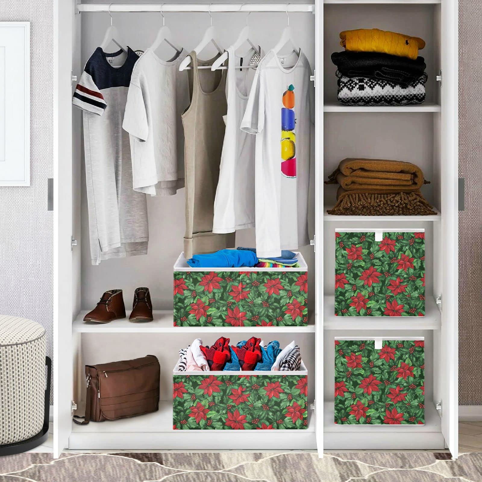 DOMIKING 11 Inch Foldable Fabric Storage Bins with Sturdy Handle - Linen Closet Organizer Baskets for Shelves, Bedroom & Home Organization (Perfect for Holiday Decor, Toy Storage & Closet Organization)