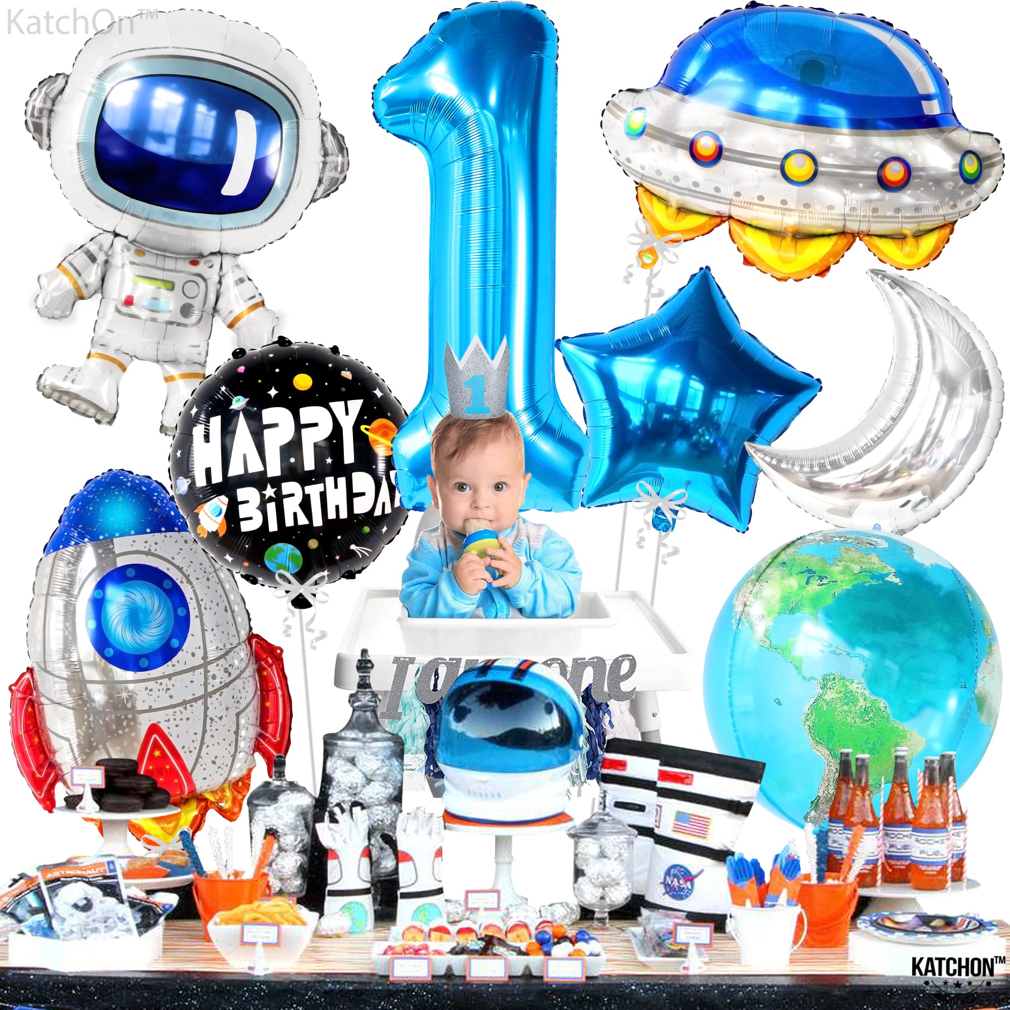 KatchOn 40 Inch Big Space Balloons First Birthday Set - Pack of 8 | Number 1 Balloon Decor for First Trip Around The Sun Theme | Blue Galaxy Party Decorations for Baby's 1st Birthday, Space-Themed Celebrations & Milestone Photos