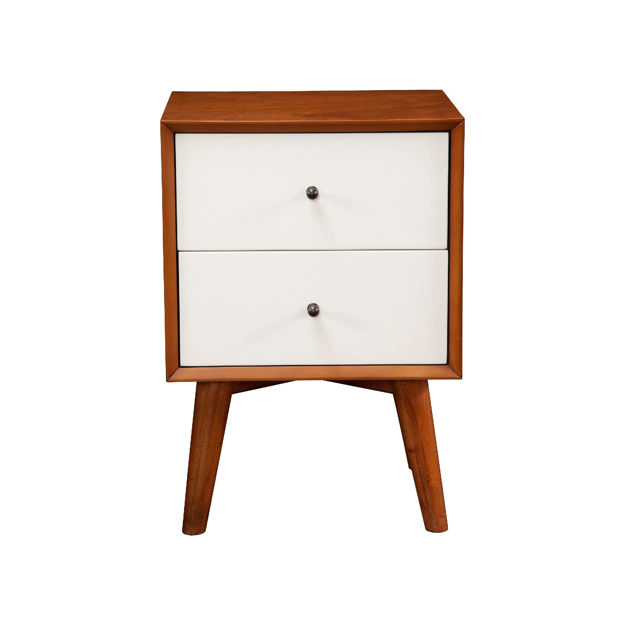 Benjara Modern Wooden Nightstand with 2 Drawers & Flared Legs - Brown & White Finish for Bedroom, Living Room, or Nursery Furniture