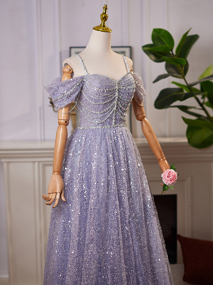 Elegant Off-Shoulder A-Line Blue Sequin Tulle Prom Dress | Long Formal Evening Gown for Homecoming, Quinceañera & Special Occasions