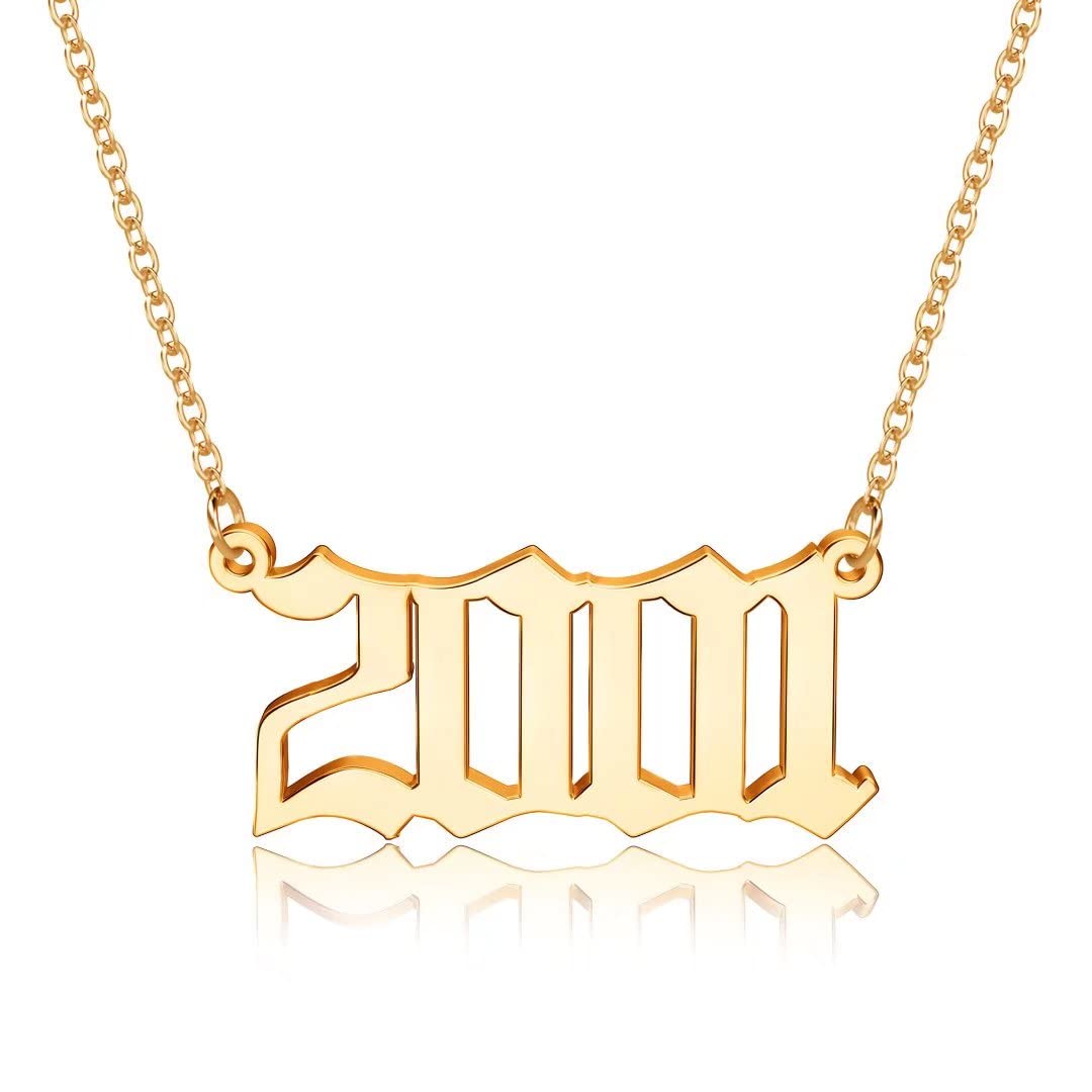 18K Gold Plated Old English Birth Year Necklace for Women - Personalized Jewelry Gift for Birthday, Anniversary (1970-2021) | Elegant Layering Necklace for Everyday Wear & Special Occasions