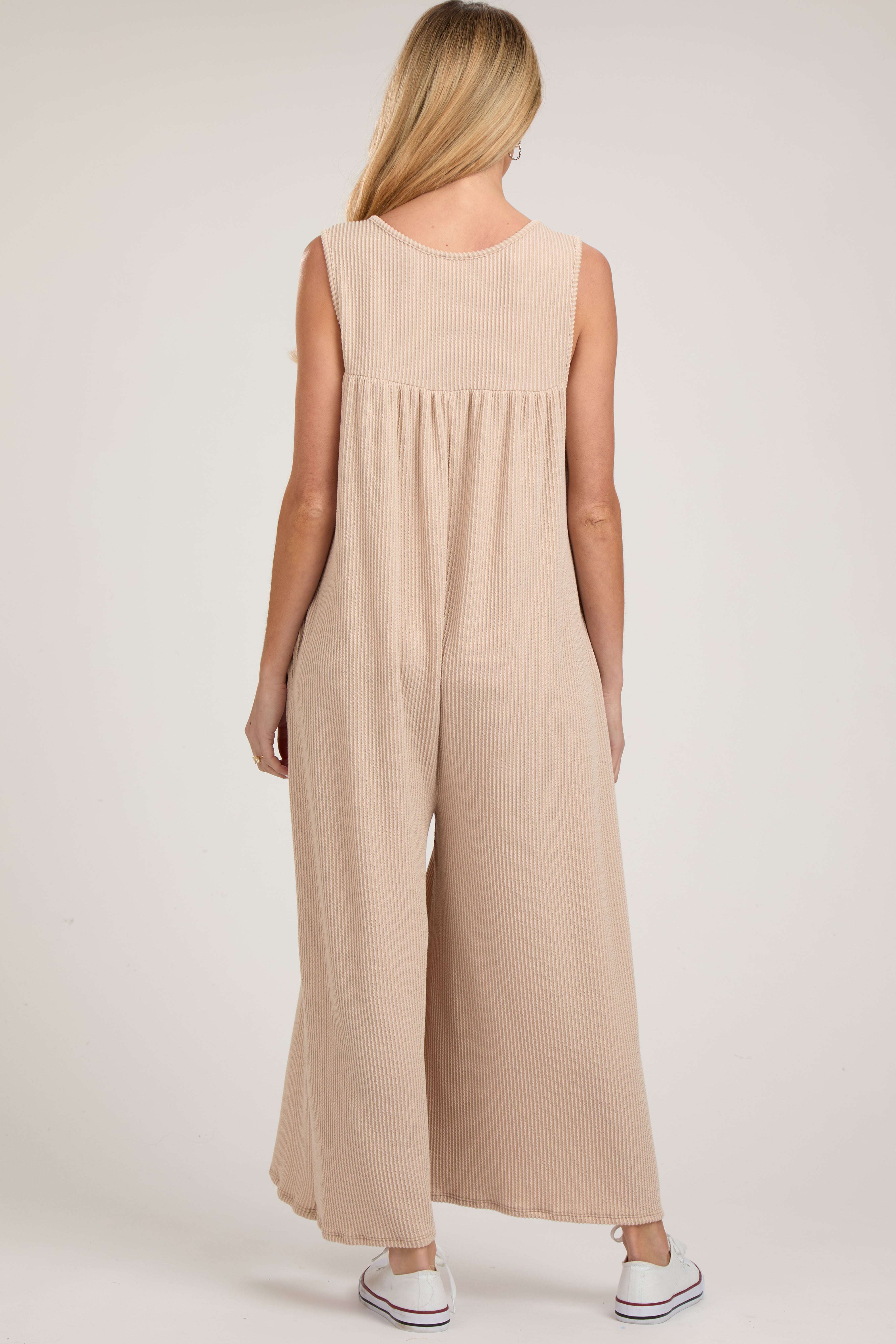 Beige Ribbed Sleeveless Button Front Maternity Jumpsuit for Women - Comfortable Pregnancy Outfit for Summer, Nursing, Photoshoot & Casual Wear