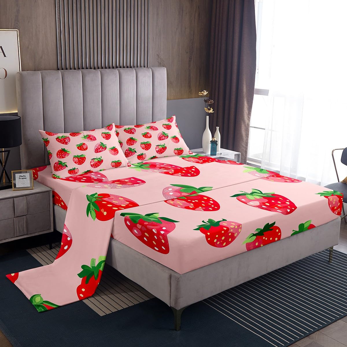 Sweet Strawberry Pattern Queen Size Sheet Set - 4 Piece Soft Pink Bedding Set with Deep Pockets (1 Flat Sheet, 1 Fitted Sheet, 2 Pillowcases) for Girls, Kids & Women - Perfect for Nursery, Teen Room & Cozy Bedroom Decor